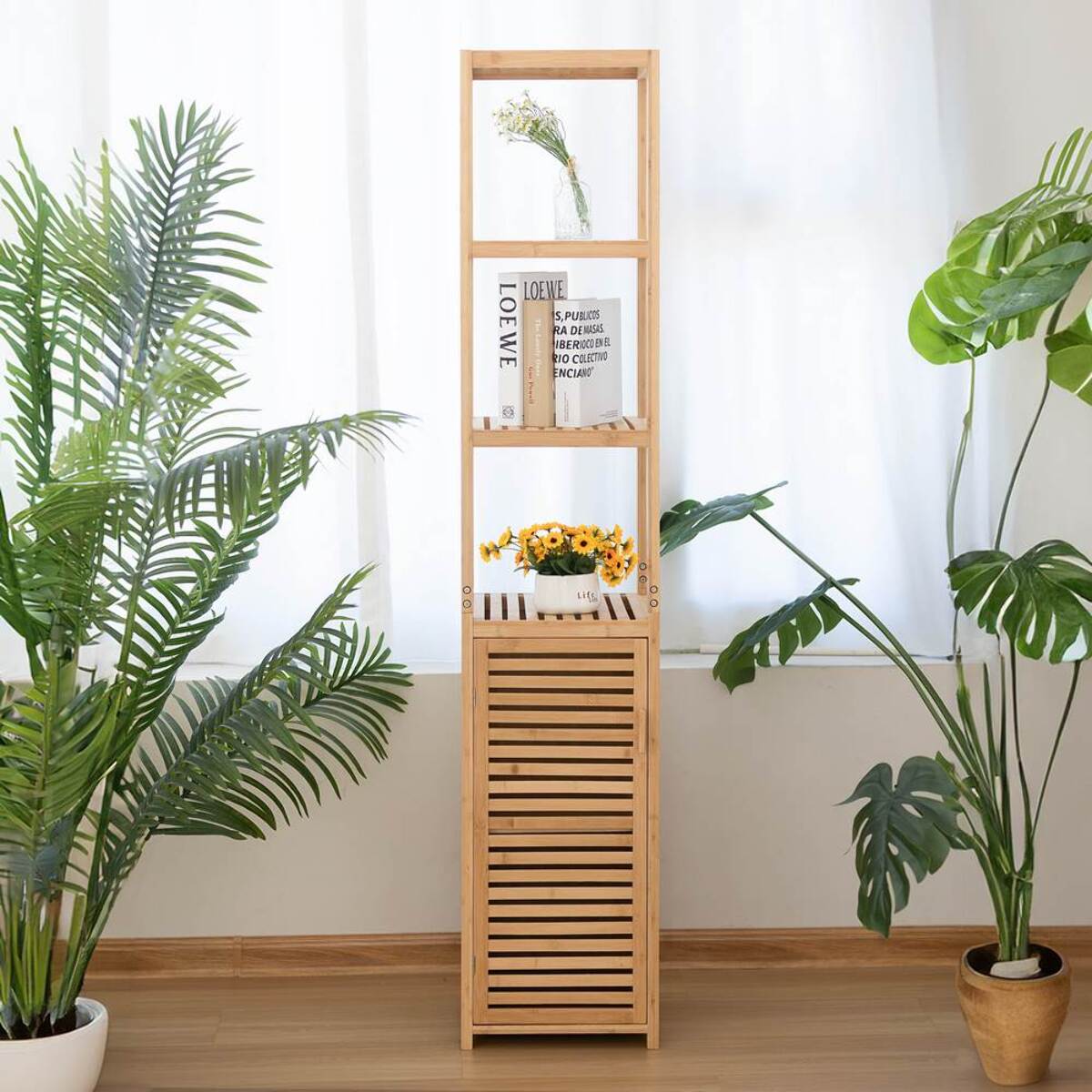 Mobile colonna bagno in bambù con 1 anta e 3 ripiani 33x33x169 cm