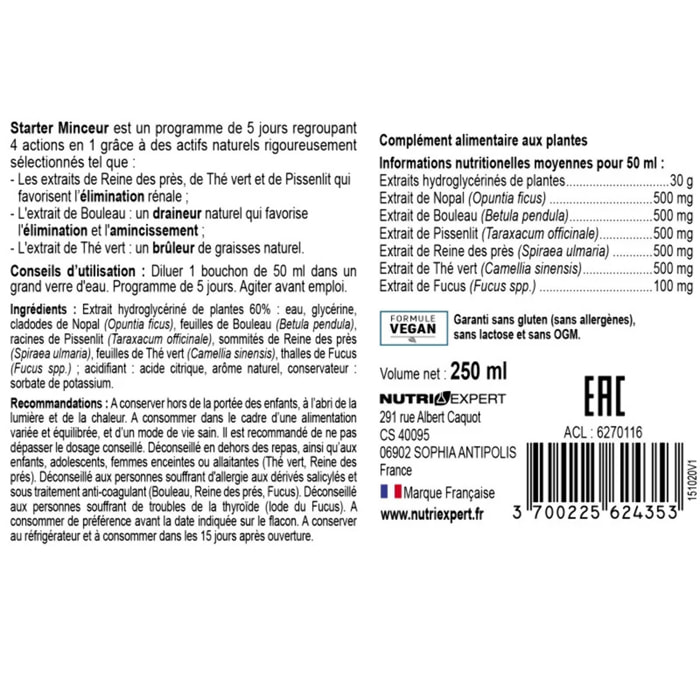 STARTER MINCEUR - Active l'élimination et l'amincissement - Détoxifie l'organisme - 13 extraits de plantes - Cure 5 jours - Flacon 250ml