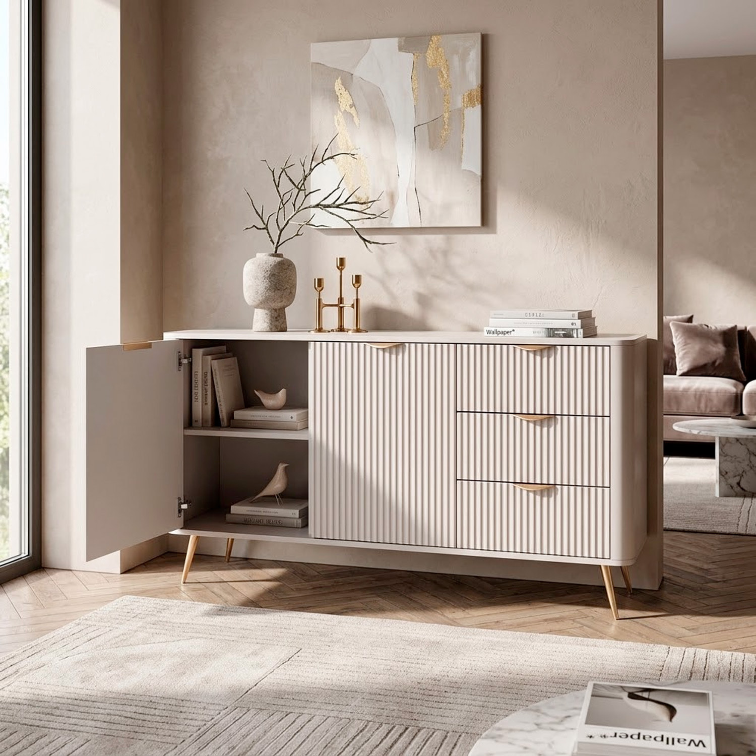 Madia Soggiorno Con 2 Ante e 3 Cassetti Credenza Salvaspazio Design Moderno Elegante Per Soggiorno Camera Con Piedini Slanciati 163 x 81 x 38 Cm Beige
