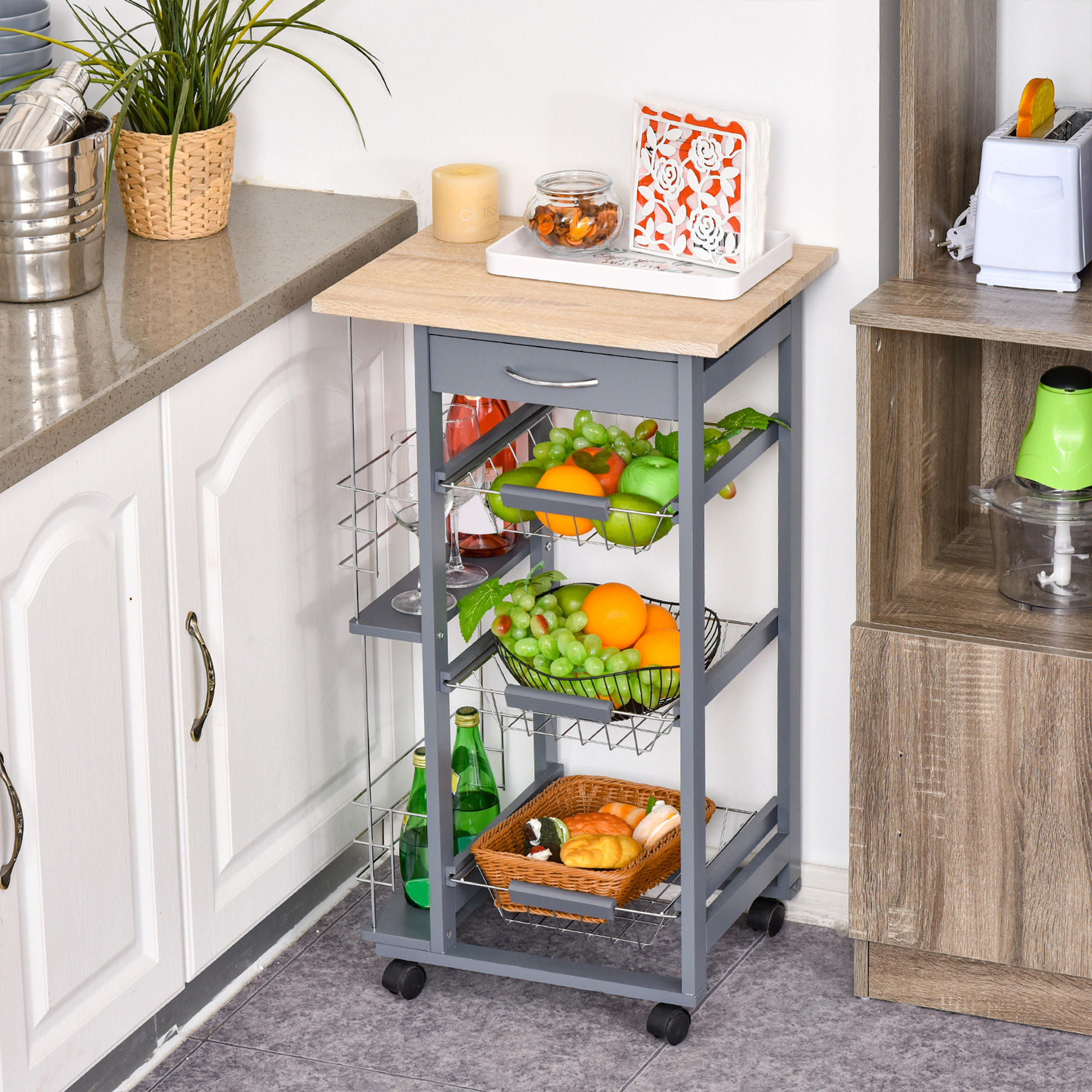 Carrito Auxiliar con Ruedas, Carrito de Cocina con 3 Cestas Metálicas, Cajón, 2 Especieros, Estructura de Madera de Pino, para Verduras, Frutas, para Comedor, 47x37x83 cm, Gris