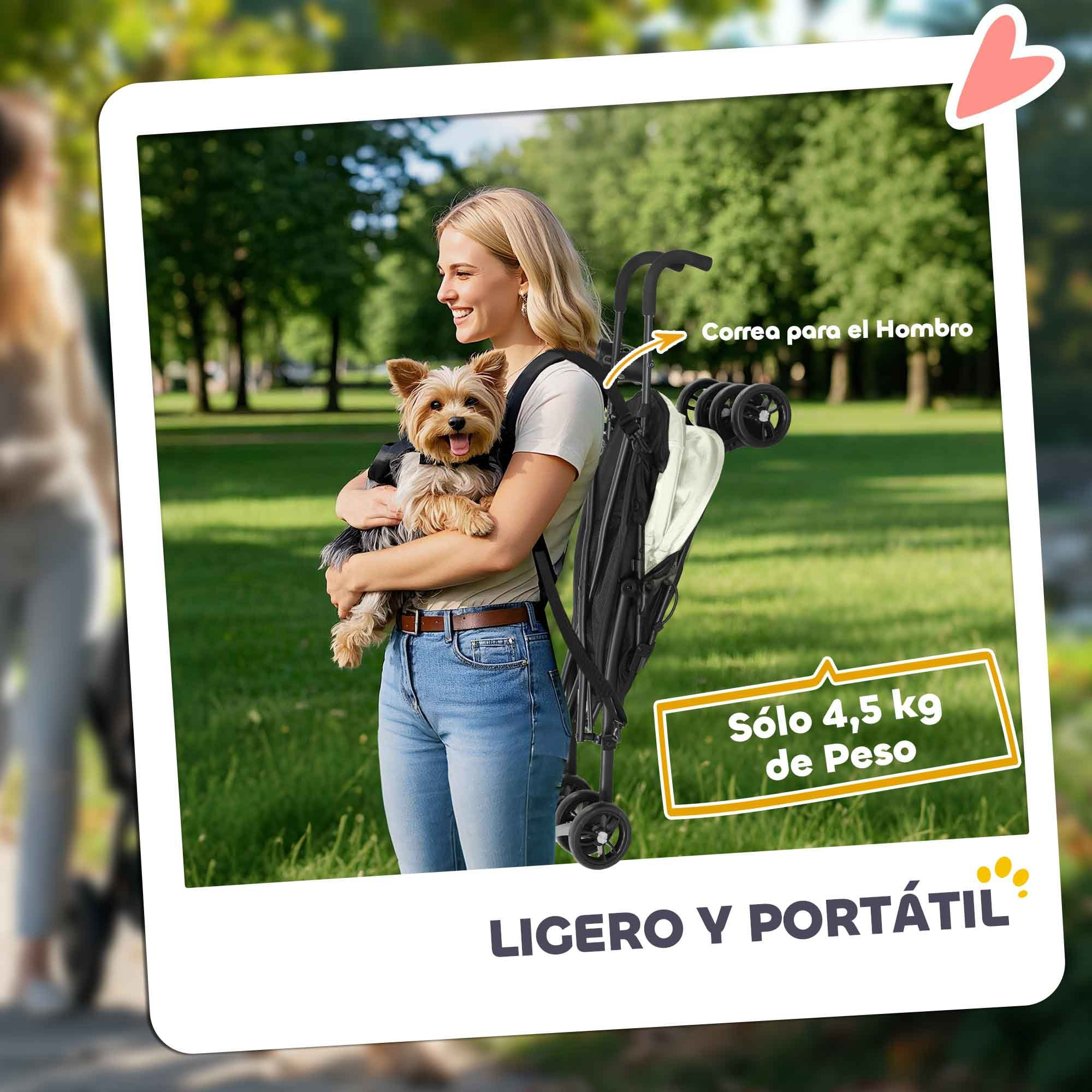 Cochecito para Perros Pequeños con Estructura de Paraguas Carrito para Perros Plegable con Cojín Lavable Portavaso Ventanas de Malla y Bolsa de Almacenamiento Crema