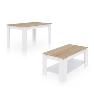 Pack mesa de comedor 123 y mesa de centro Lya Blanco Artik (Blanco Mate) - Roble Canadian