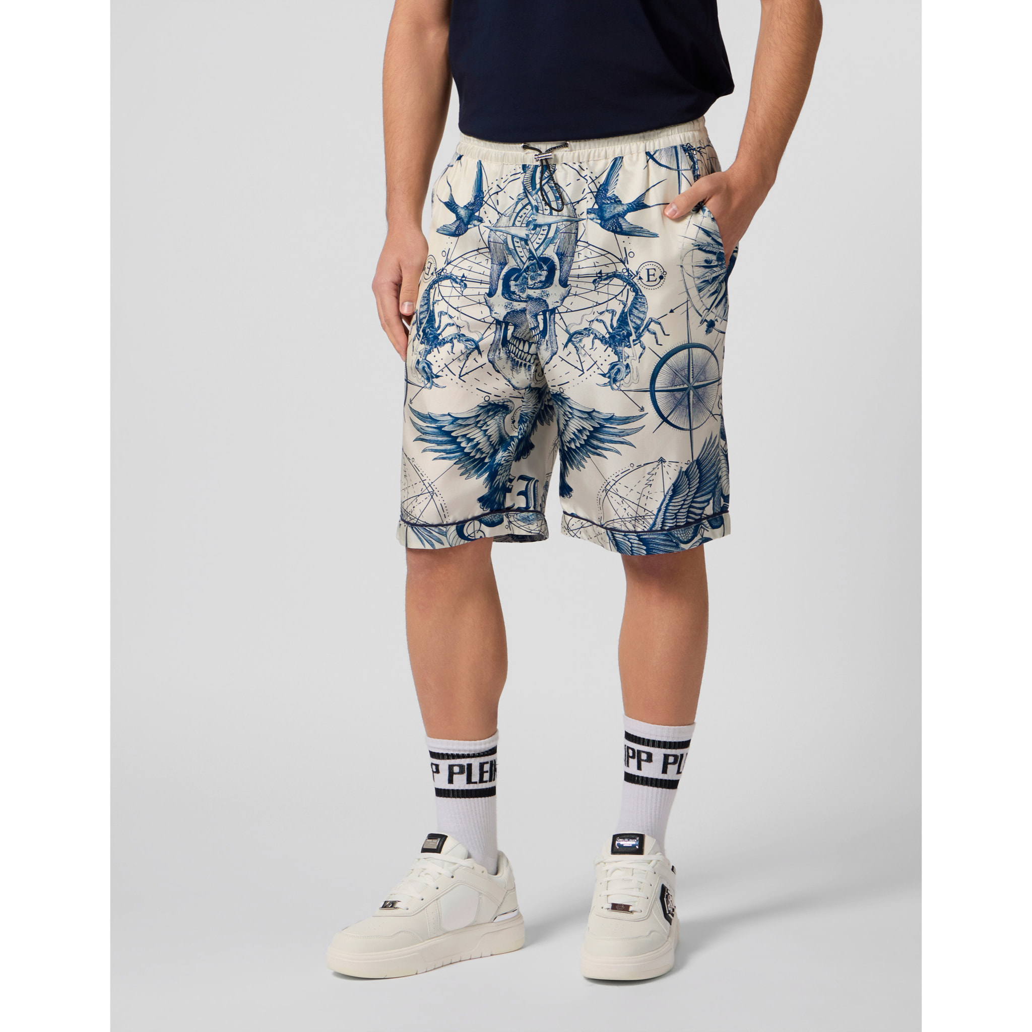 PHILIPP PLEIN Silk Bowling Shorts All-Over Tattoo