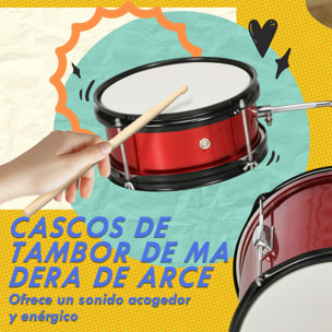 Batería Infantil con Taburete Ajustable Batería para Niños de +3 Años con Tambores Bombo Platillo Pedal y Baquetas 80x60x48-65 cm Rojo