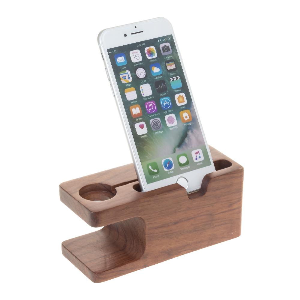 Soporte de madera para smartphone y iWatch, con organizador de cables.