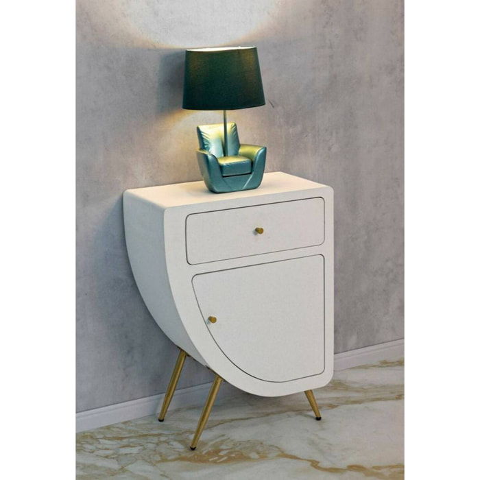 Comodino Suze, Comò basso, Tavolino da notte, Mensola da letto, Bianco e Oro, 60x32 h79 cm