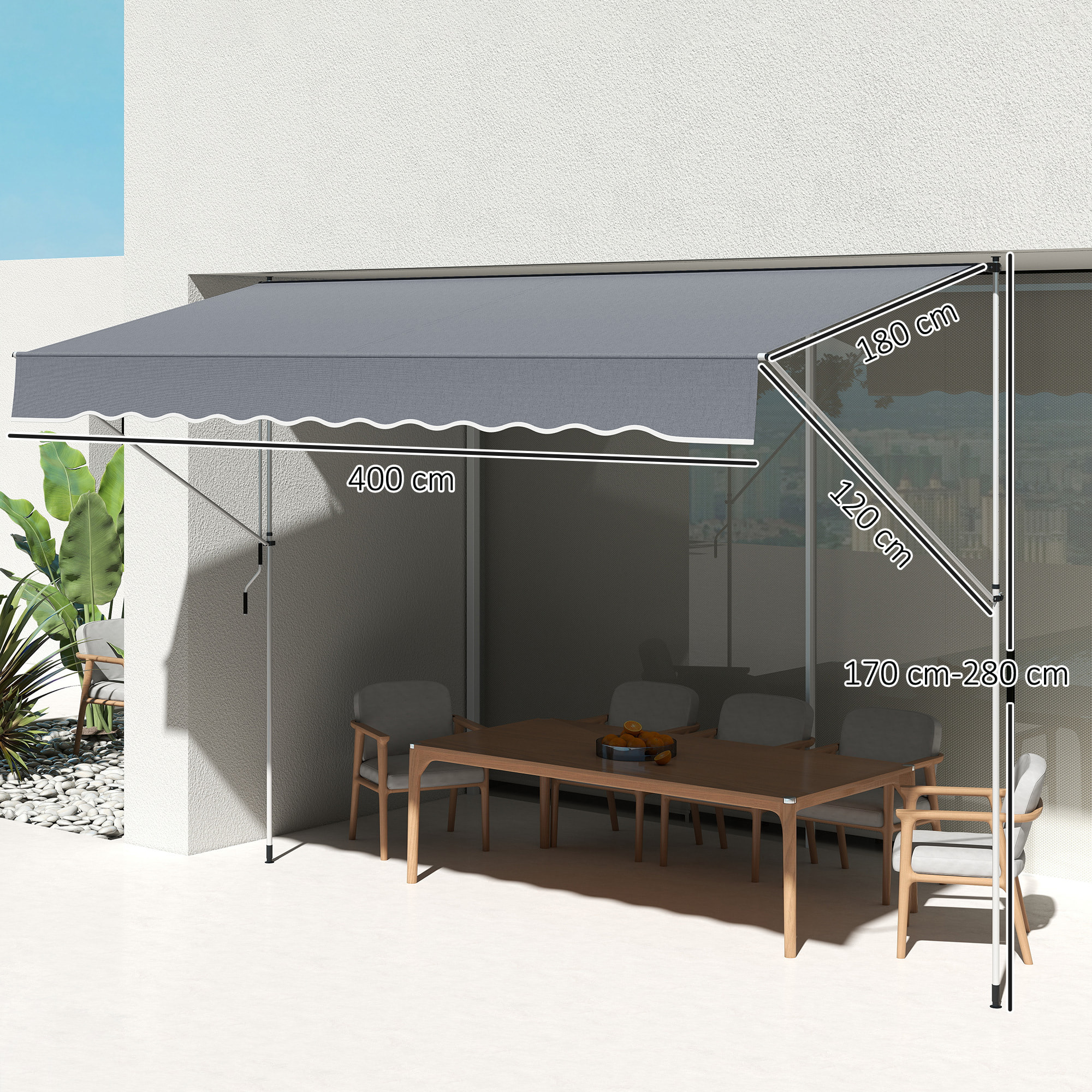 Toldo Manual Retráctil 4x1,2 m, Toldo Exterior Terraza Enrollable, Altura Ajustable 170-280 cm, con Manivela, Anti-UV e Impermeable, Sin Taladro, para Balcón, Jardín, Gris Oscuro