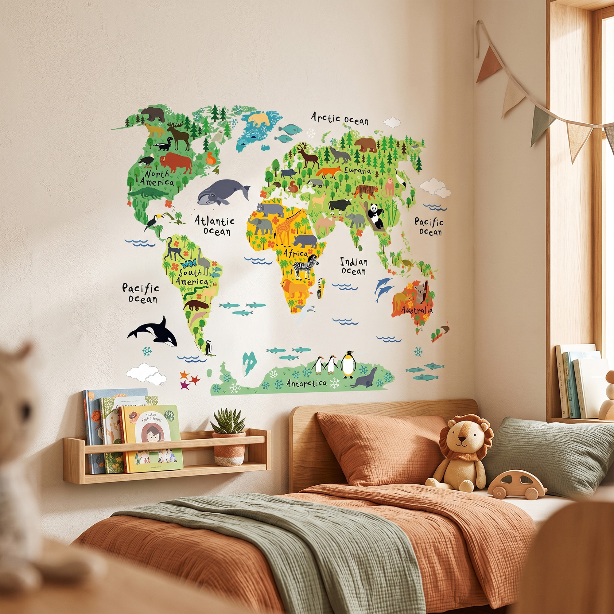 Stickers Muraux décoration adhésifs carte du monde pour enfants animaux du monde