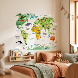 Stickers Muraux décoration adhésifs carte du monde pour enfants animaux du monde