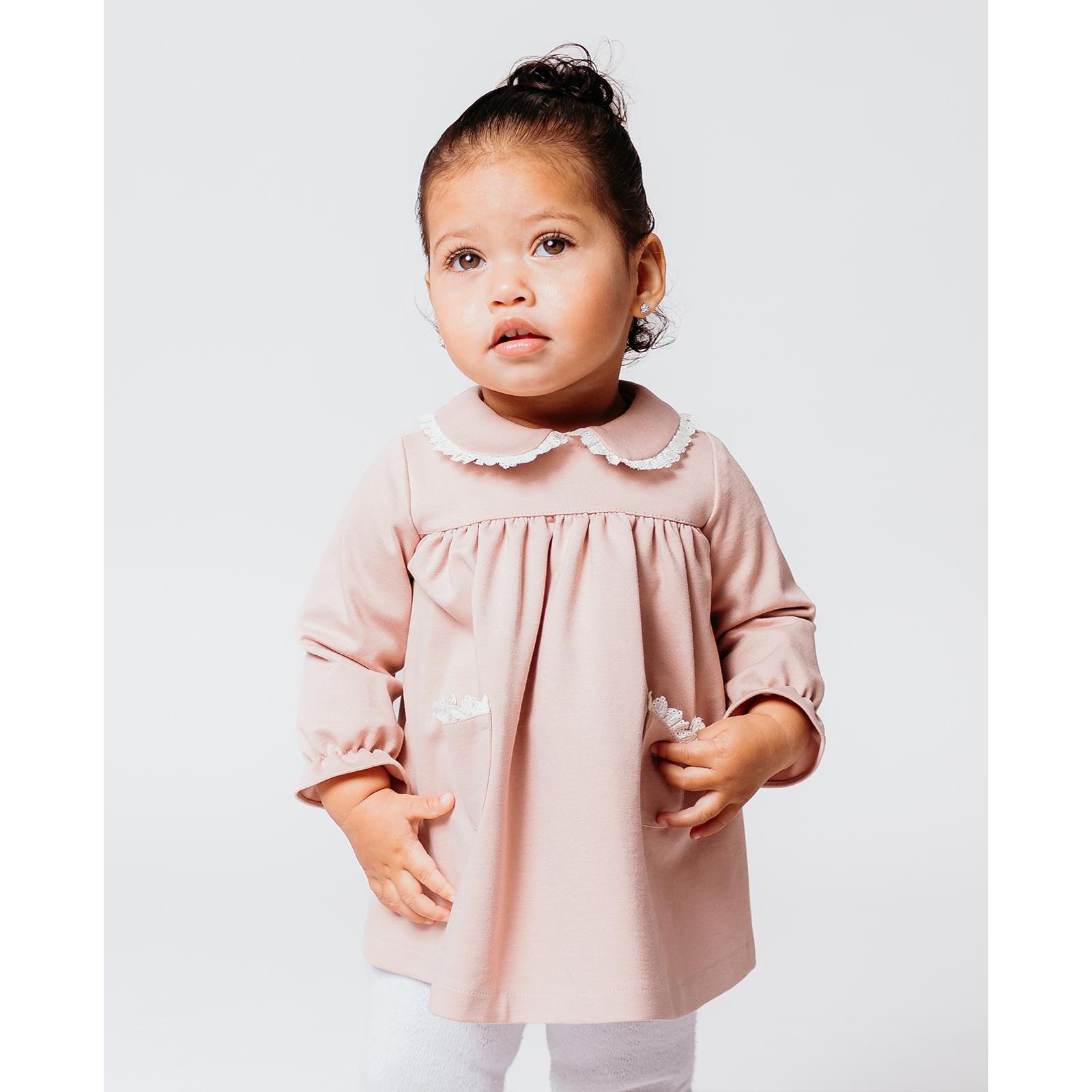 Vestido punto roma con cuello con volante rosa