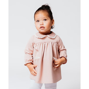 Vestido punto roma con cuello con volante rosa