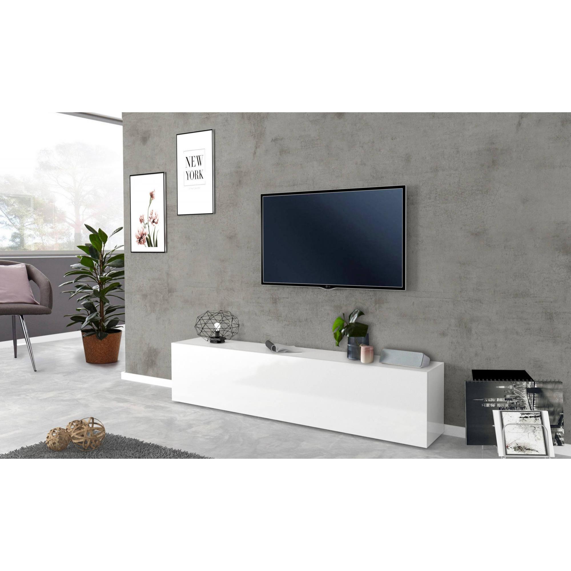 Mobile da soggiorno Porta TV, Made in Italy, Supporto per TV da salotto a 1 anta a ribalta, cm 180x30h40, colore Bianco lucido