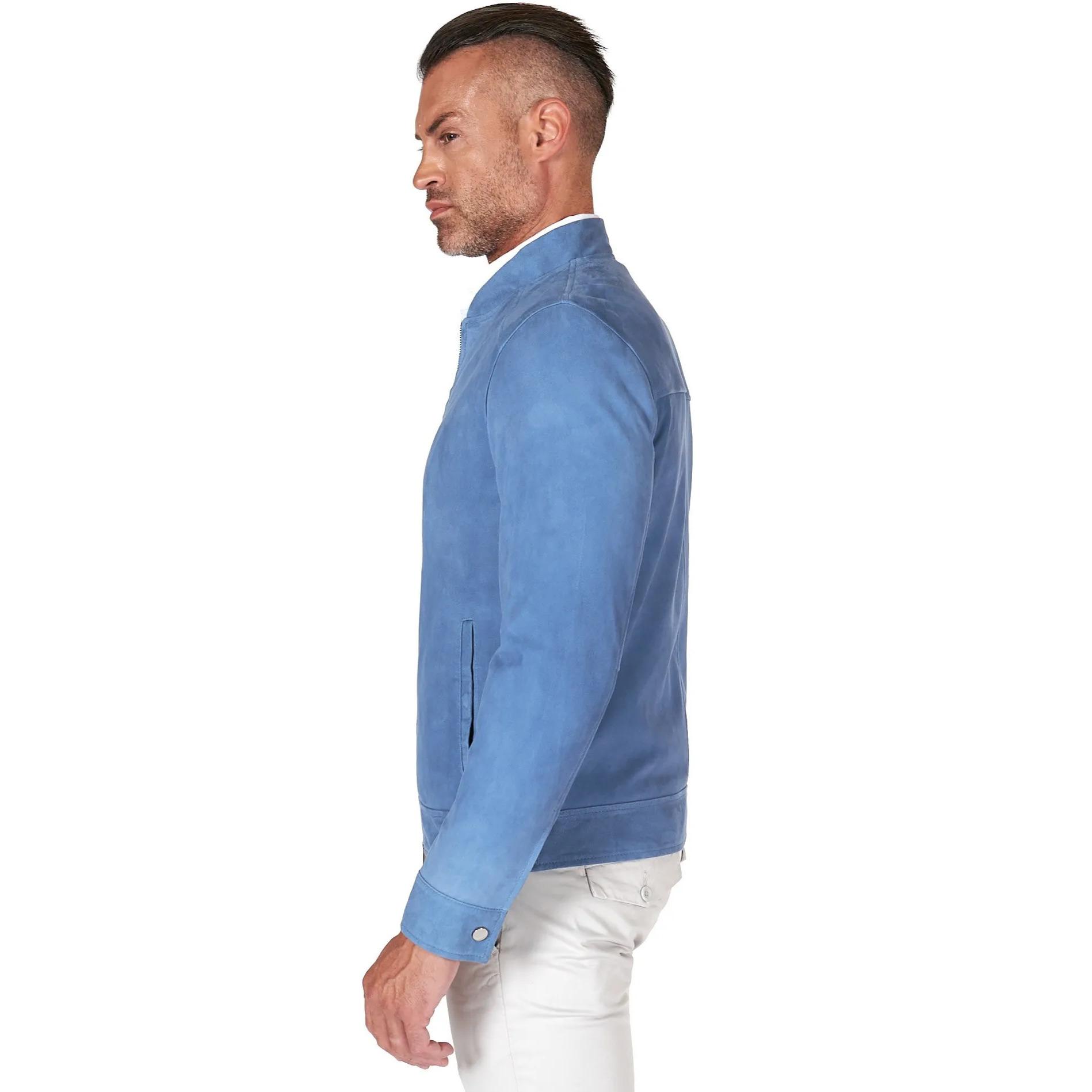 Giacca in pelle scamosciata blu denim con cerniera