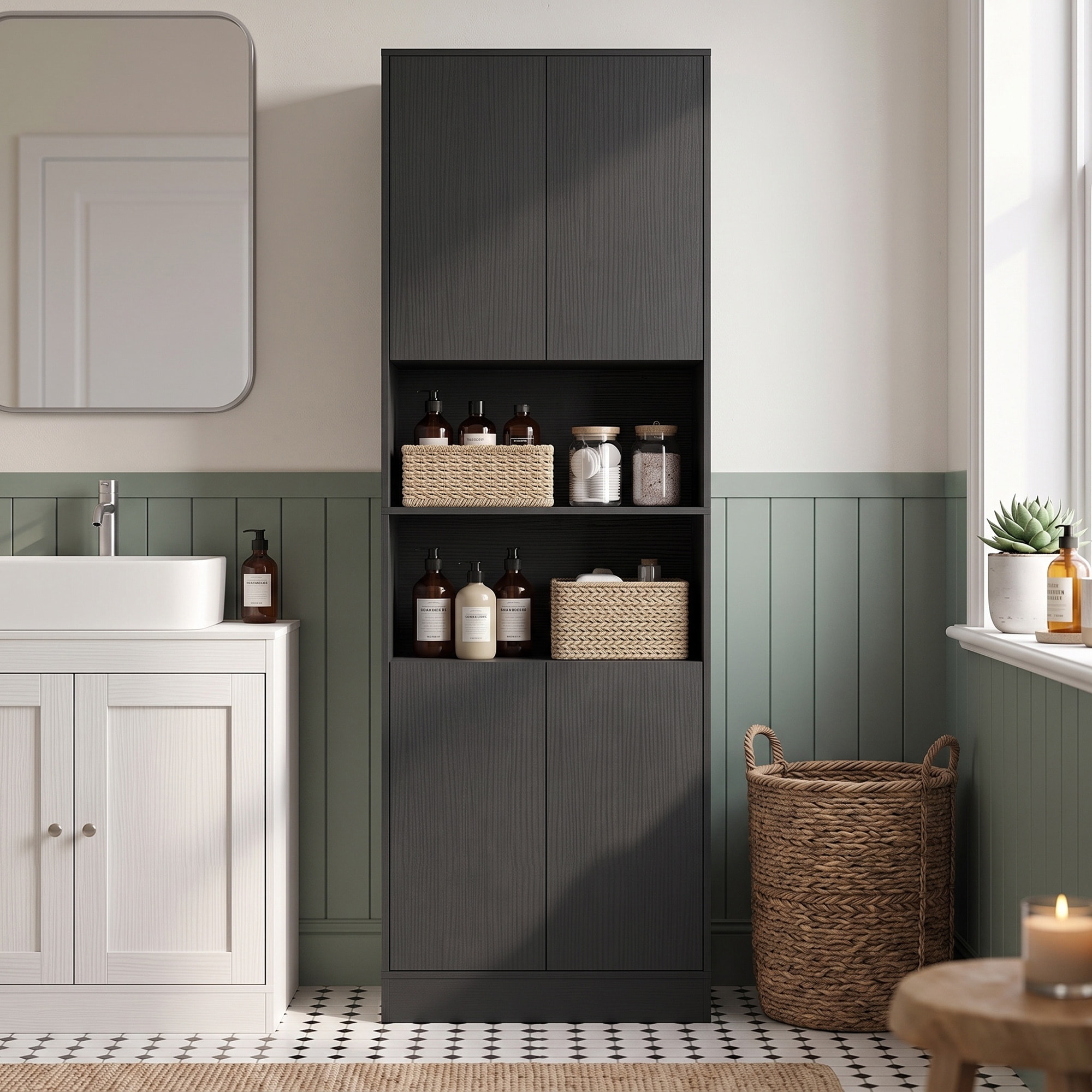 Buffet haut effet bois noir 4 portes 2 étagères 2 niches