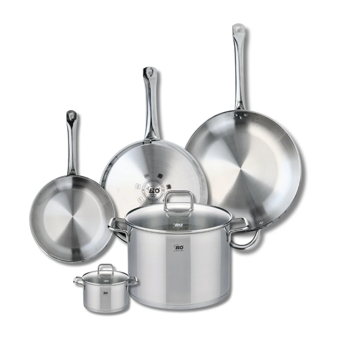 Ensemble de 3 Poêles de cuisson 24, 28 et 32 cm et 2 faitouts 12 et 26 cm Elo Profi Citrin