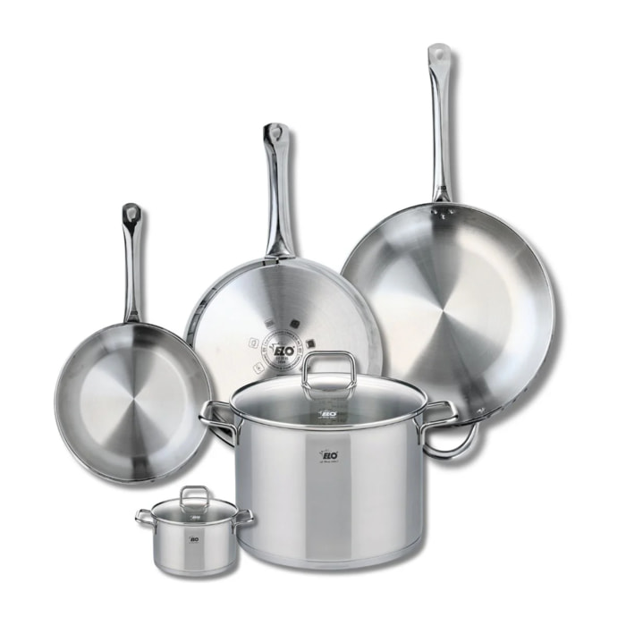 Ensemble de 3 Poêles de cuisson 24, 28 et 32 cm et 2 faitouts 12 et 26 cm Elo Profi Citrin
