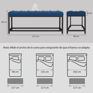 Banco Pie de Cama, Tapizado en Terciopelo, Banqueta para Dormitorio, Diseño Capitoné, Base de Metal, Banco para Dormitorio, Entrada, Salón, Recibidor, Azul Oscuro