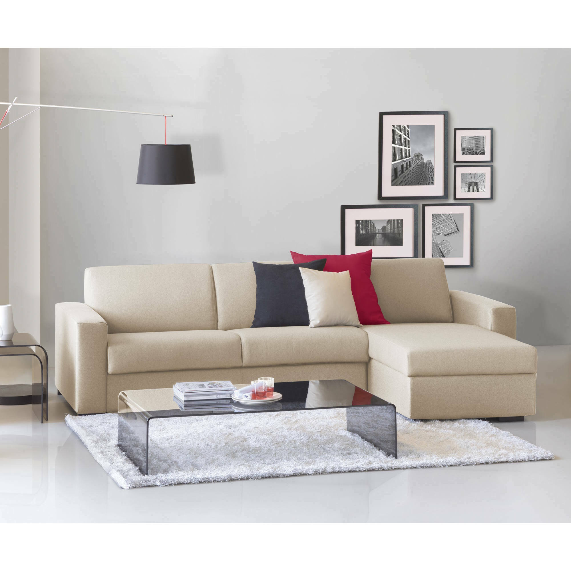 Divano Letto Alicya, Divano ad angolo, 100% Made in Italy, Sofà con apertura girevole, con Penisola contenitore reversibile, con Braccioli standard, Cm 280x95h90, Beige