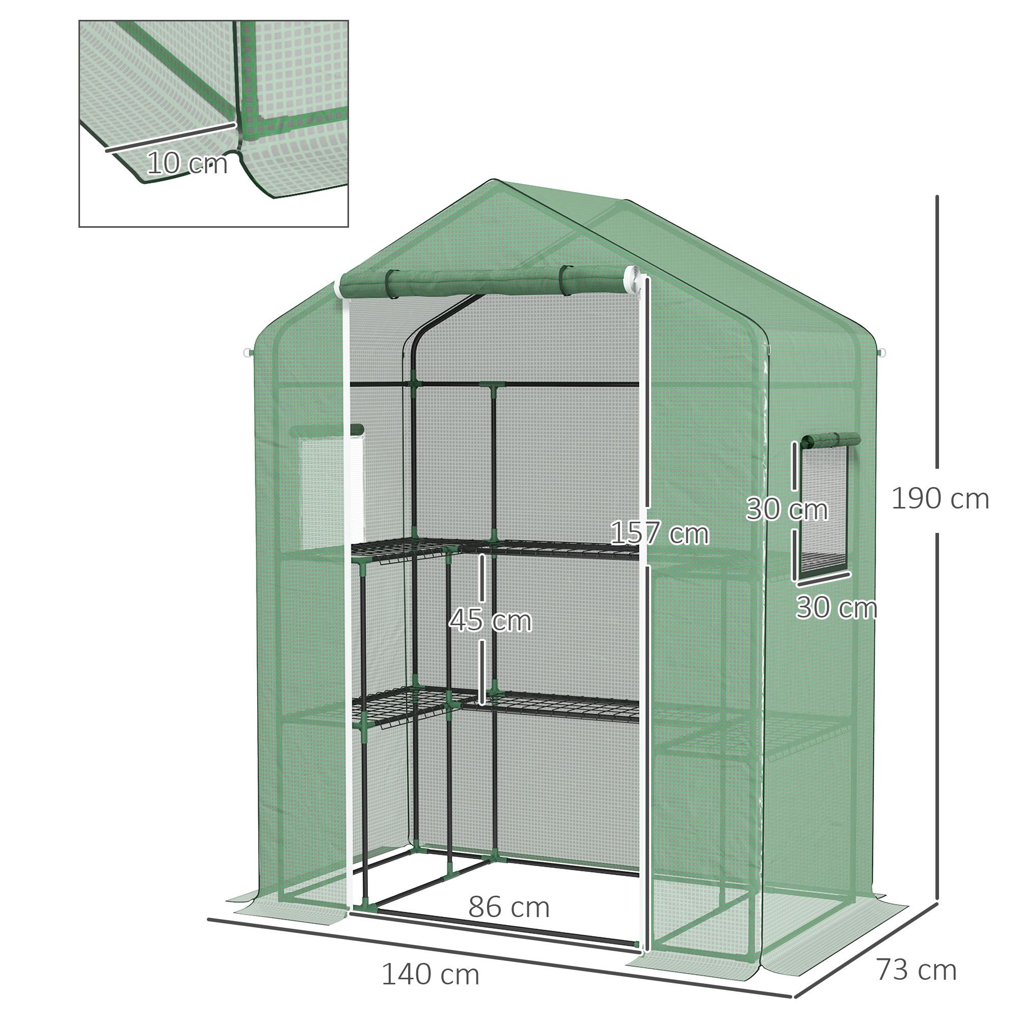 Invernadero para Jardín Invernadero con 1 Puerta 2 Ventanas y Estantes de 2 Niveles en Forma de U para Cultivo de Plantas en Terraza Patio 140x73x190 cm Verde