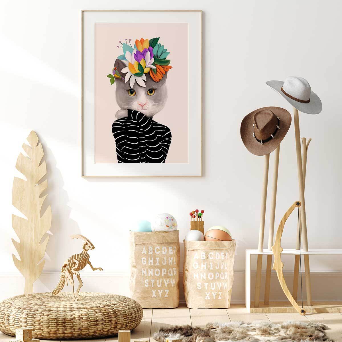 Affiche enfant couronne fleurie  Affiche + cadre en bois - Chêne