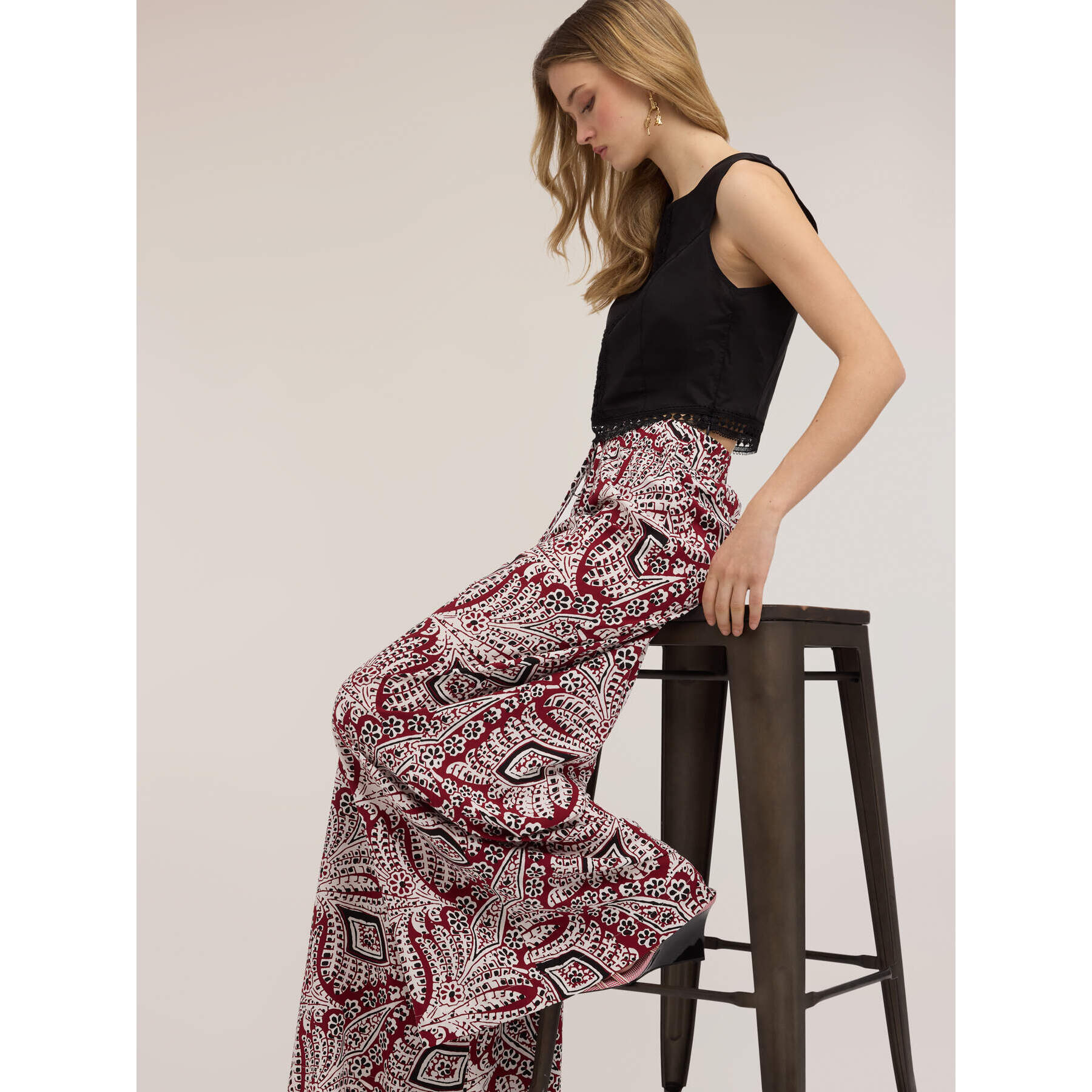 Motivi - Pantalones palazzo con estampado - Burgundy