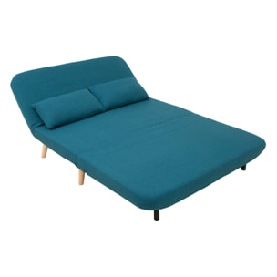 Chauffeuse 2 places convertible en tissu bleu canard et bois clair AMIKO