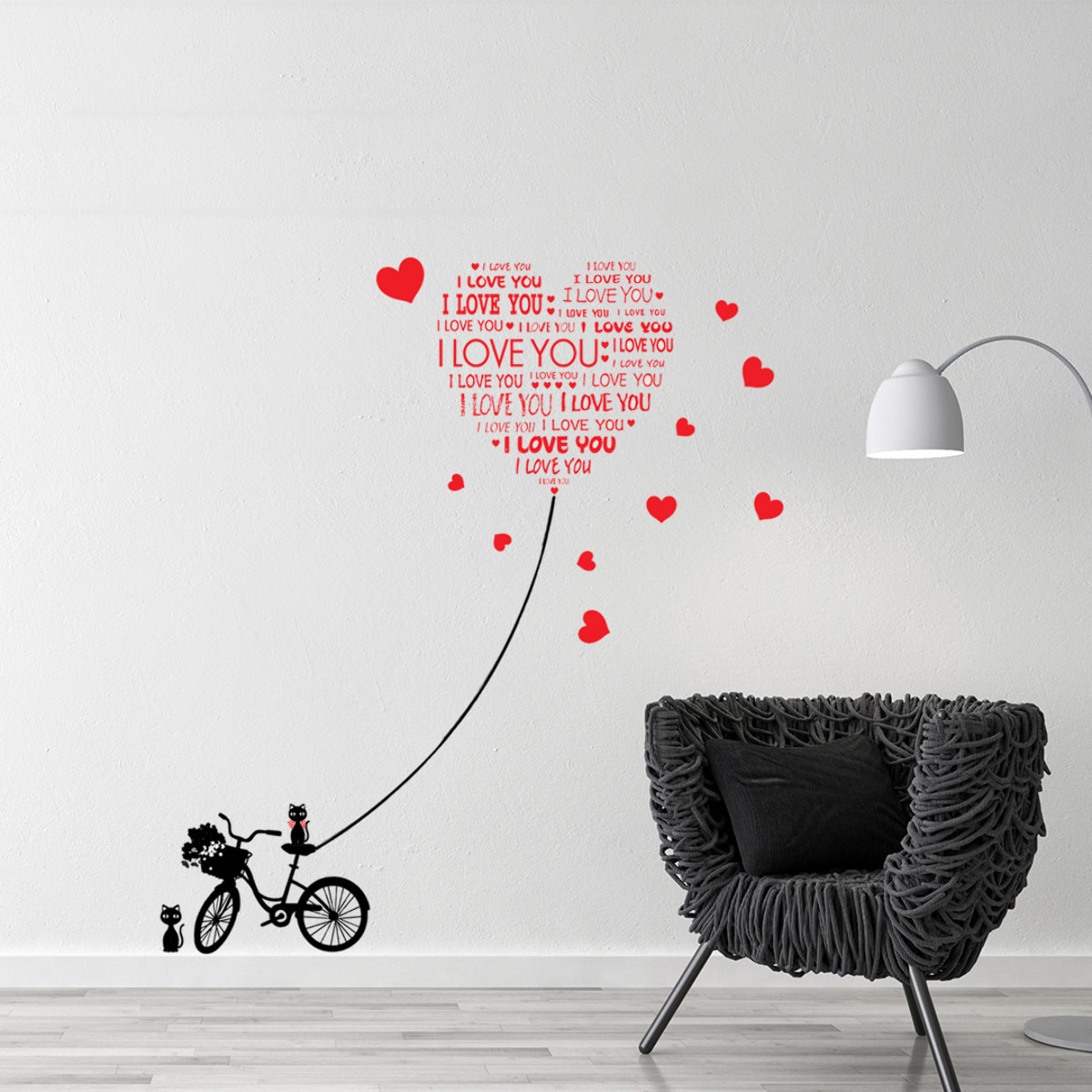 Stickers Muraux décoration adhésifs Love You avec chats et vélo