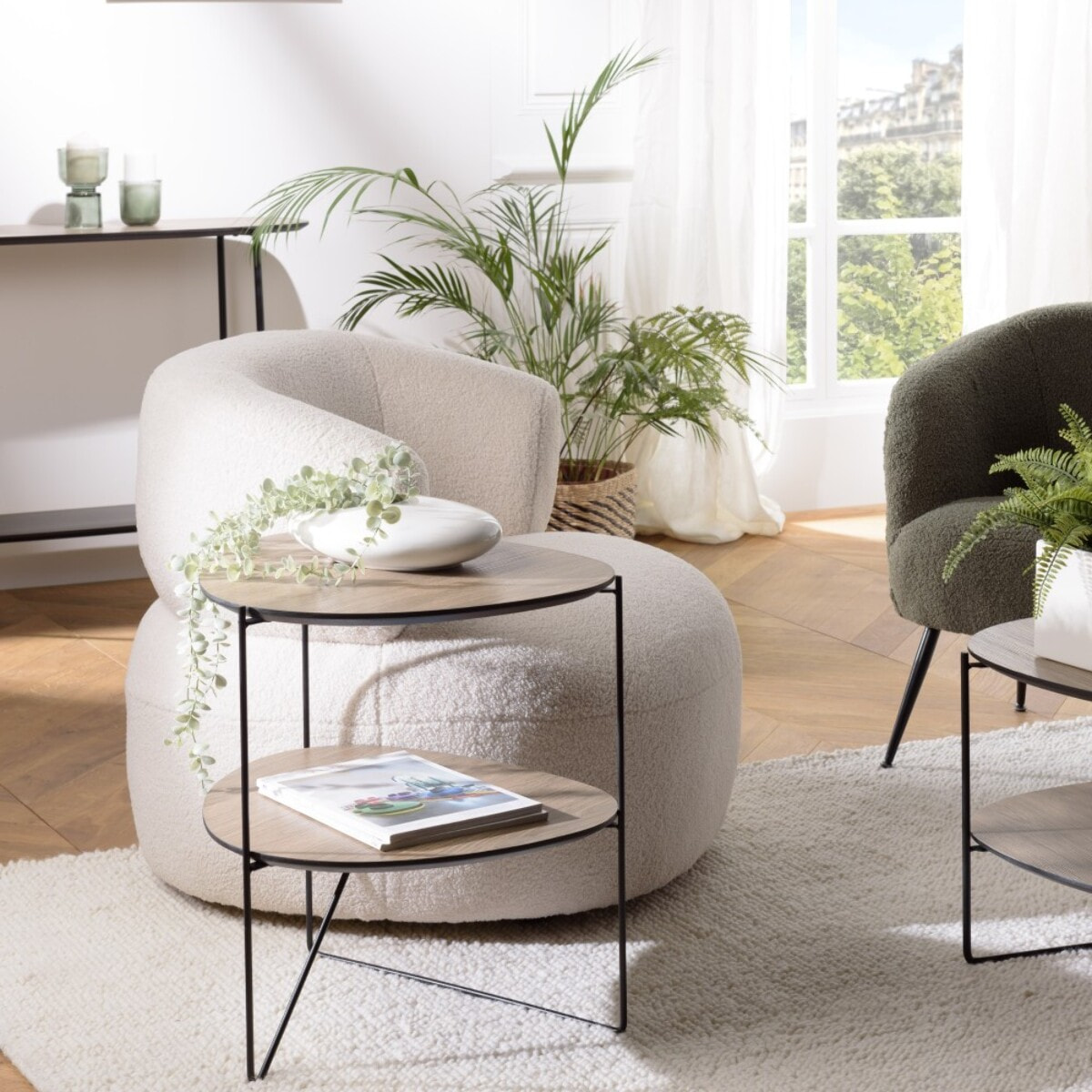 JULIA - Table d'appoint 2 plateaux ovoïdes couleur mocha pieds métal