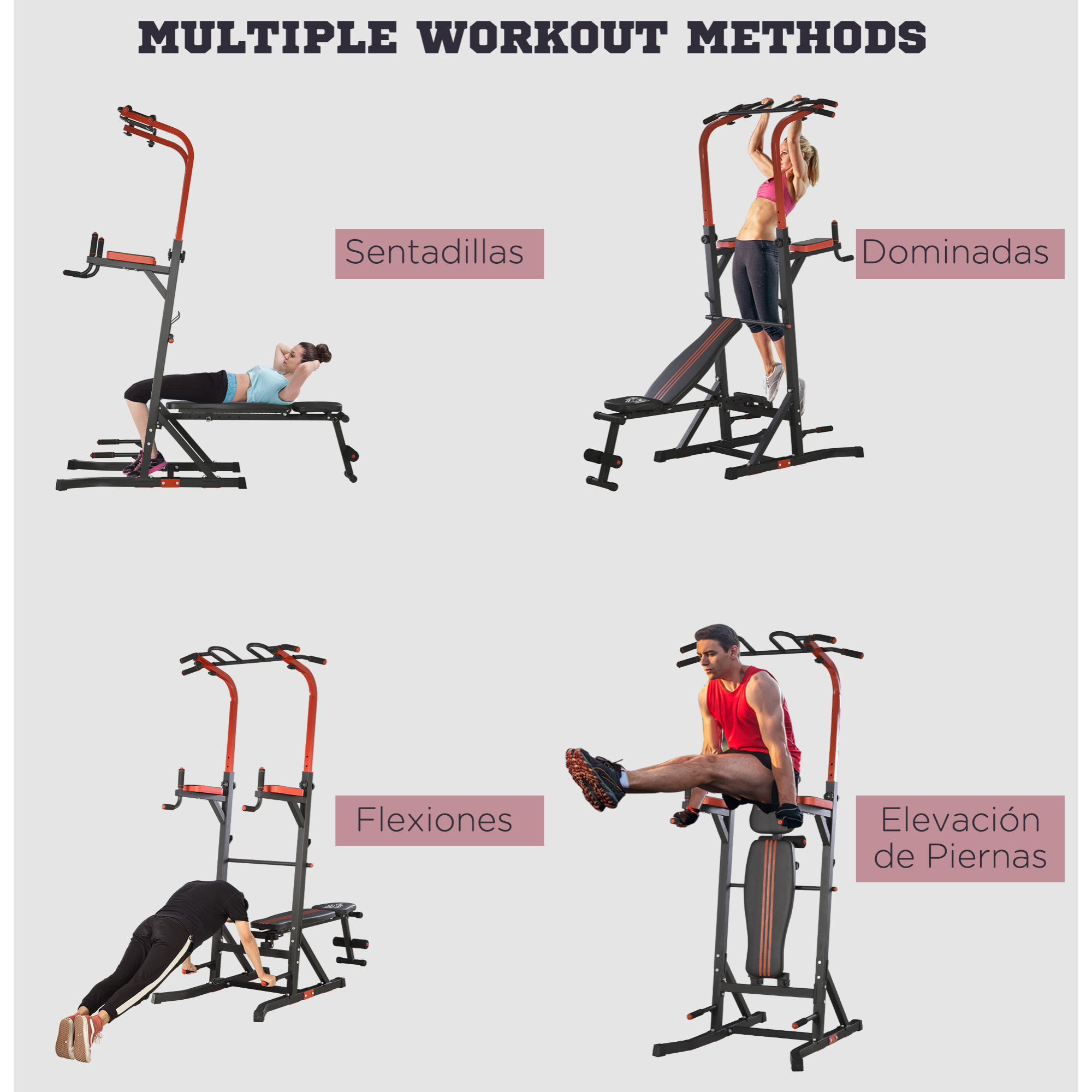 Estación de Musculación Torre de Entrenamiento con Altura Ajustable y Respaldo Regulable en 5 Posiciones Barra de Dominadas Fitness Flexiones Acero 108x178x202-238 cm Negro