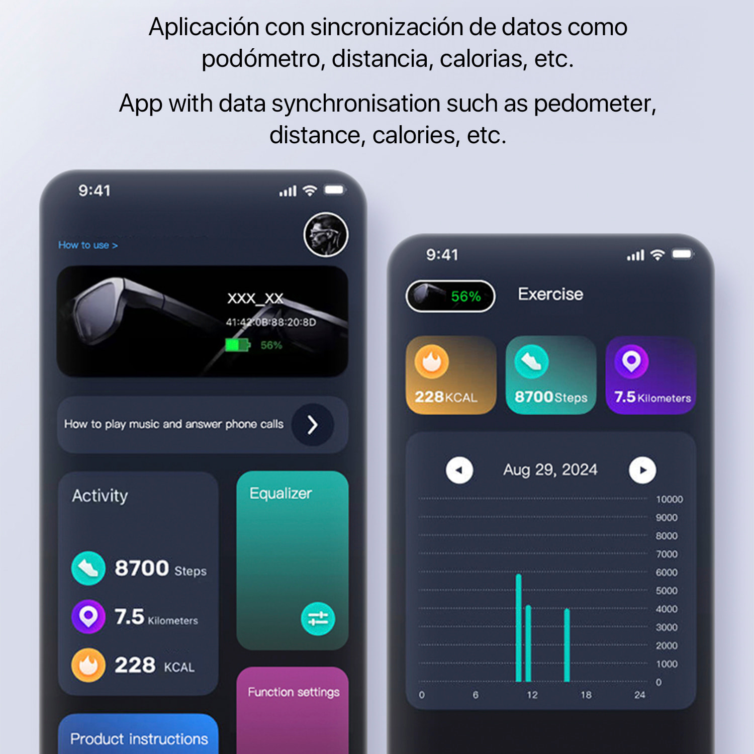 Occhiali intelligenti GS380, con fotocamera, controllo musicale, assistente vocale, cambio di colore automatico.