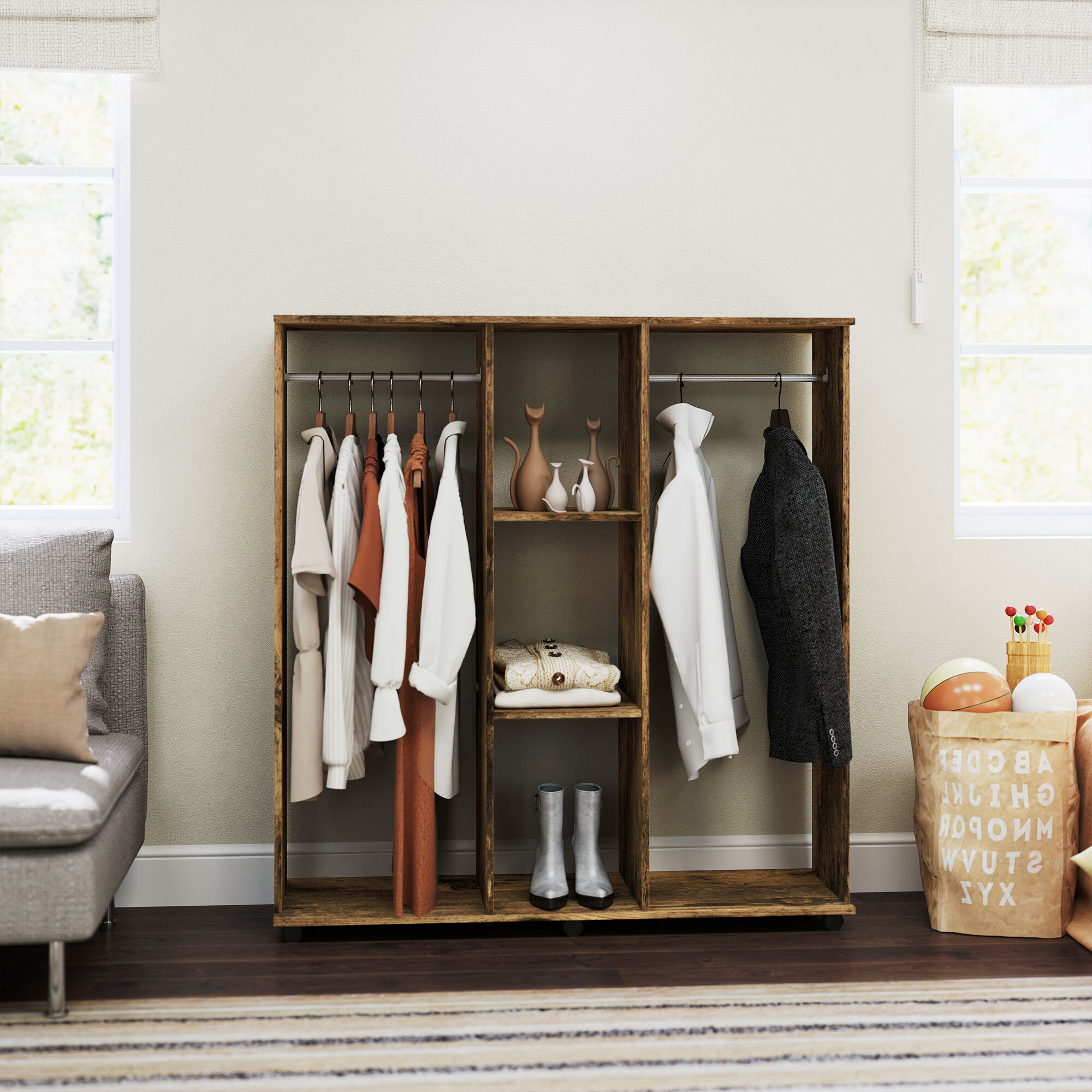 Armoire penderie meuble de rangement mobile 6 roulettes 120L x 40l x 128H cm panneaux de particules aspect bois vieilli