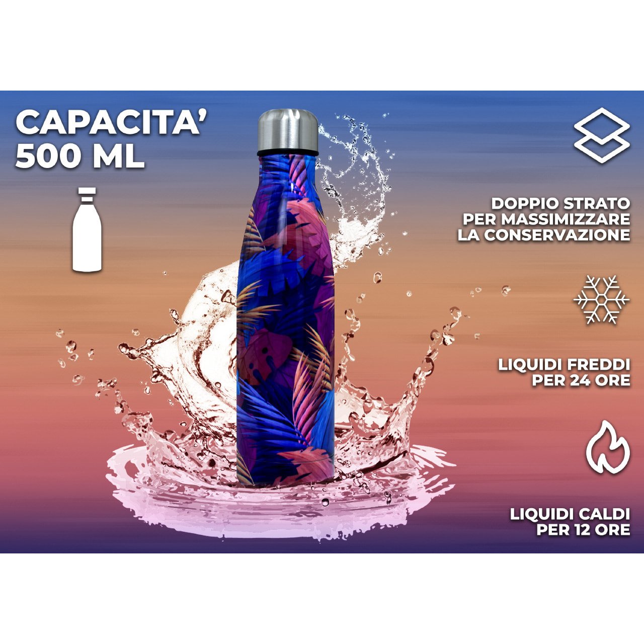 Borraccia Termica 500ml Bottiglia Thermos Modello Tropical