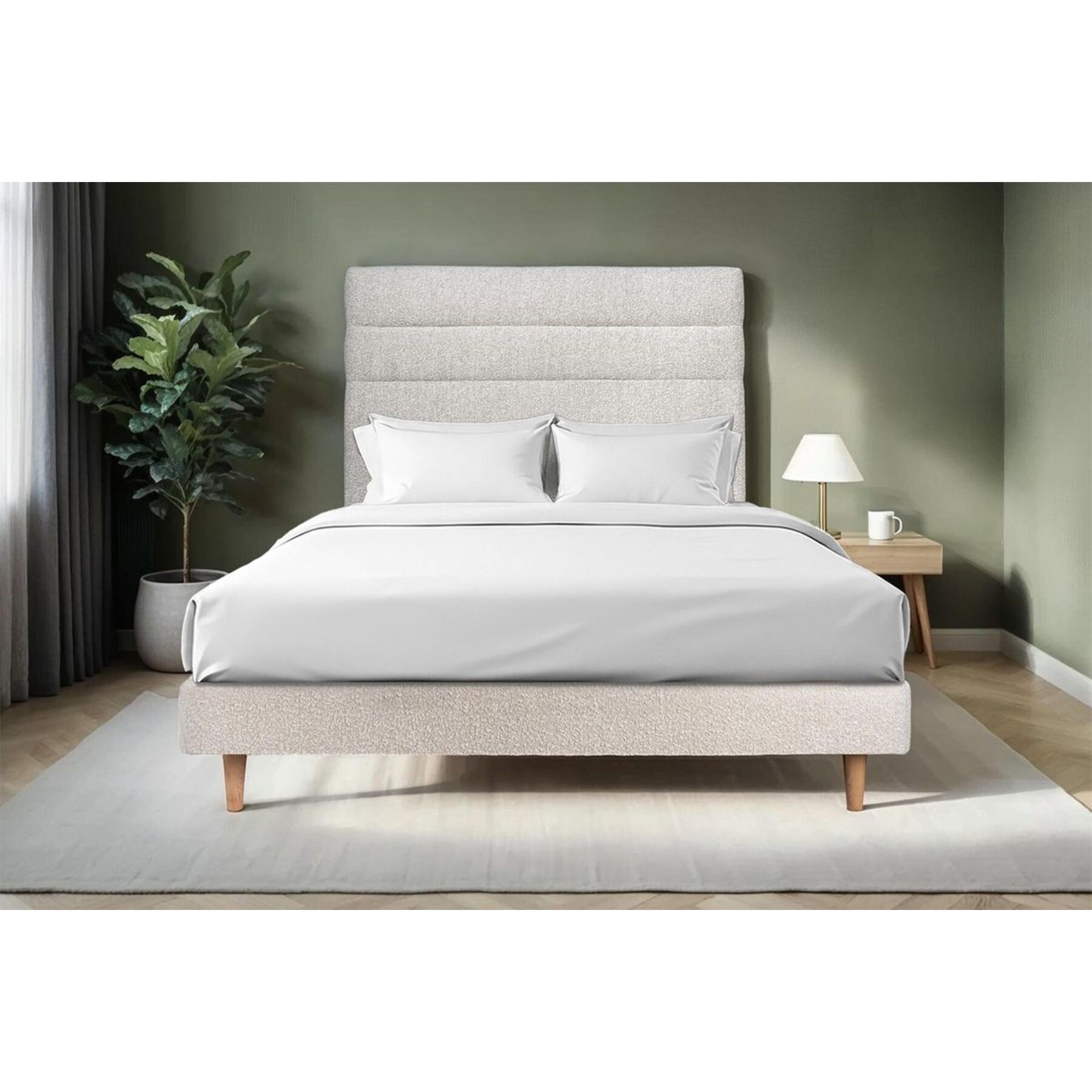 Lit avec tête de lit bandes horizontales bouclette et sommier kit Ep14