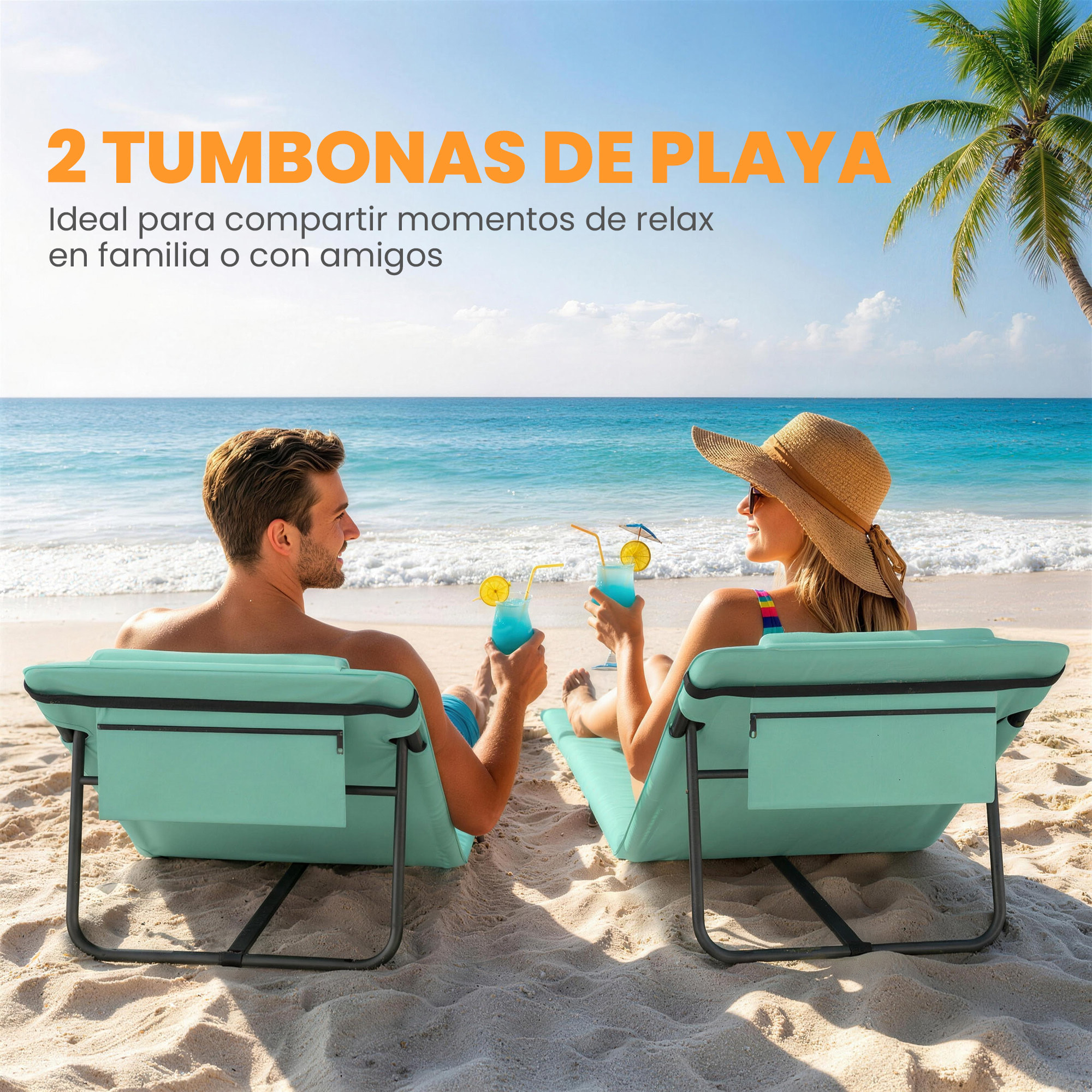 Conjunto de 2 Esterillas de Playa Plegable, Esteras Portátil con Respaldo Ajustable, Reposacabezas Acolchado Tela Oxford 600D y Estructura de Metal, para Jardín, 146x50x2 cm, Verde