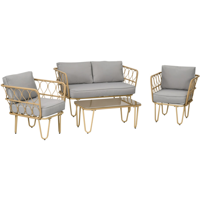 Conjunto de Jardín de Ratán Sintético Juego de 4 Piezas Muebles de Jardín con Sofá de 2 Plazas 2 Sillones y Mesa de Centro con Encimera de Cristal y Cojines Extraíbles Natural y Gris