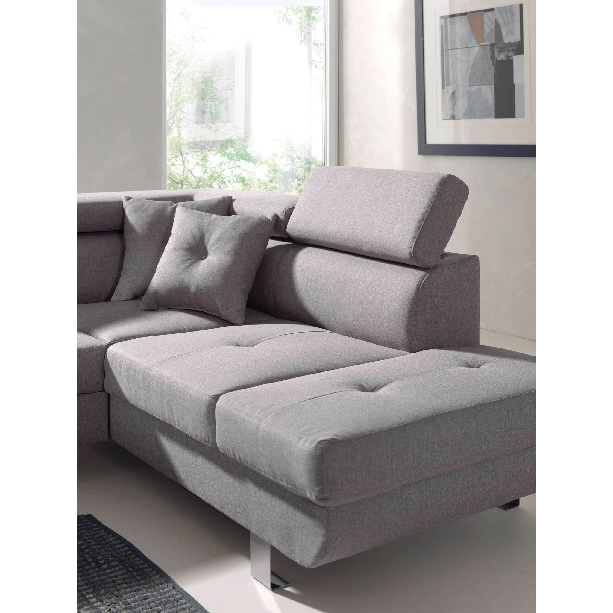 Lisbona - Canapé d'angle droit convertible - 5 places - avec têtières - Gris clair