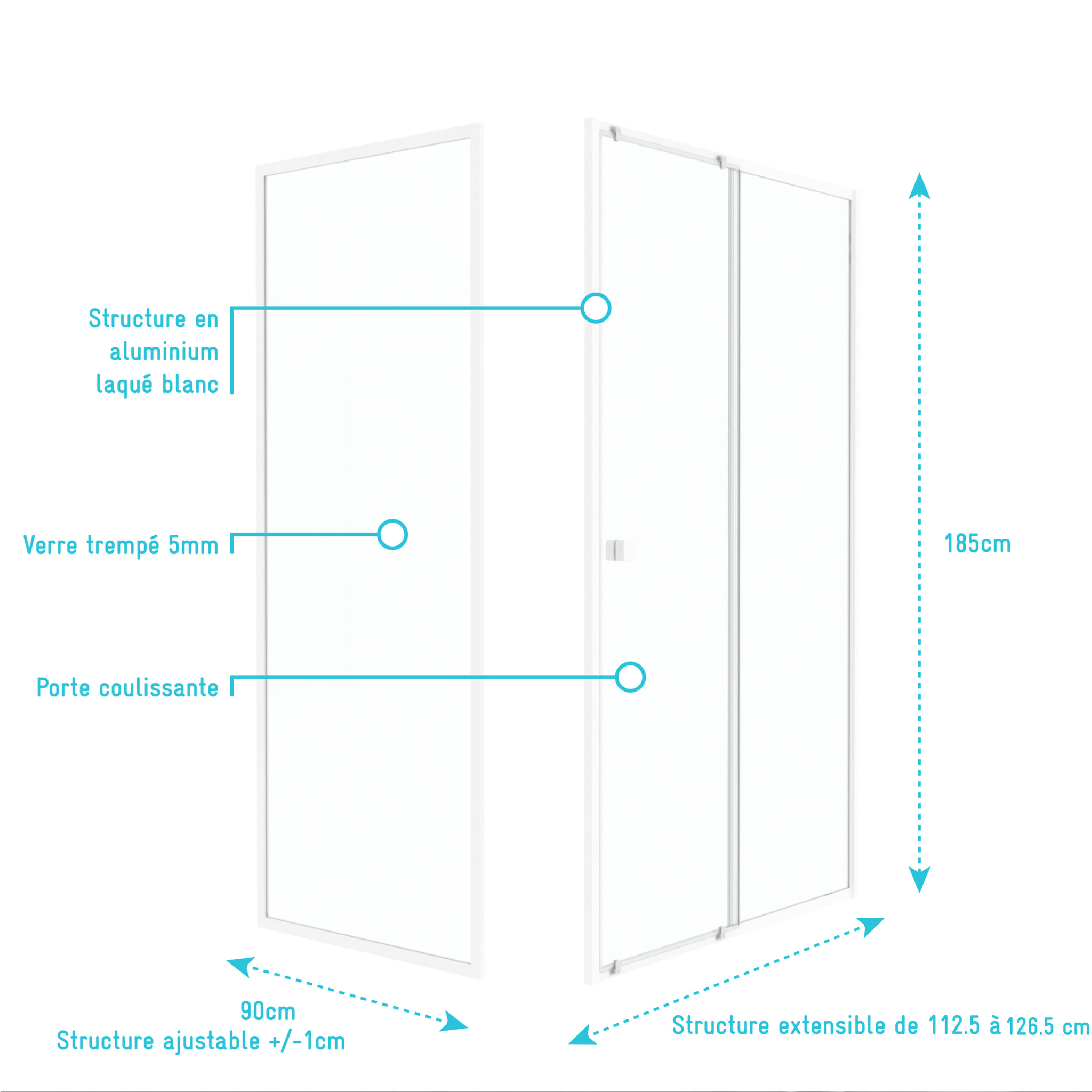 Pack porte de douche Coulissante blanc 120x185cm + retour 90 verre transparent 5mm - WHITY slide 120