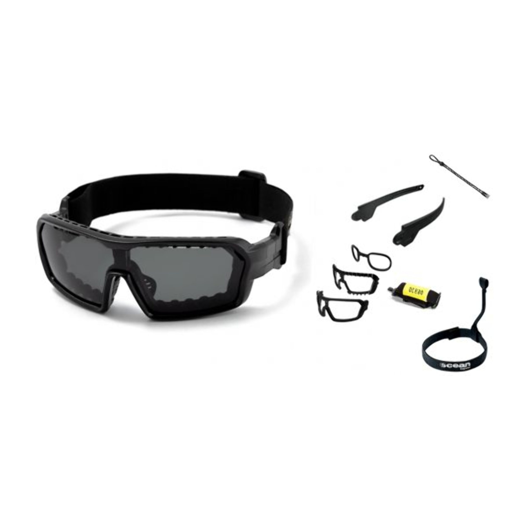 Gafas de deportes acuáticos OCEAN CHAMELEON - Negro brillante / Ahumada con plaquetas puntas y espuma negras con correa negra