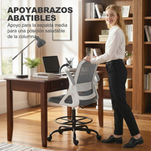 Silla de Escritorio de Malla, Silla de Dibujo con Reposabrazos Abatibles, Altura Ajustable, Soporte Lumbar, Reposapiés, Ruedas Giratorias para Oficina, Estudio, Gris