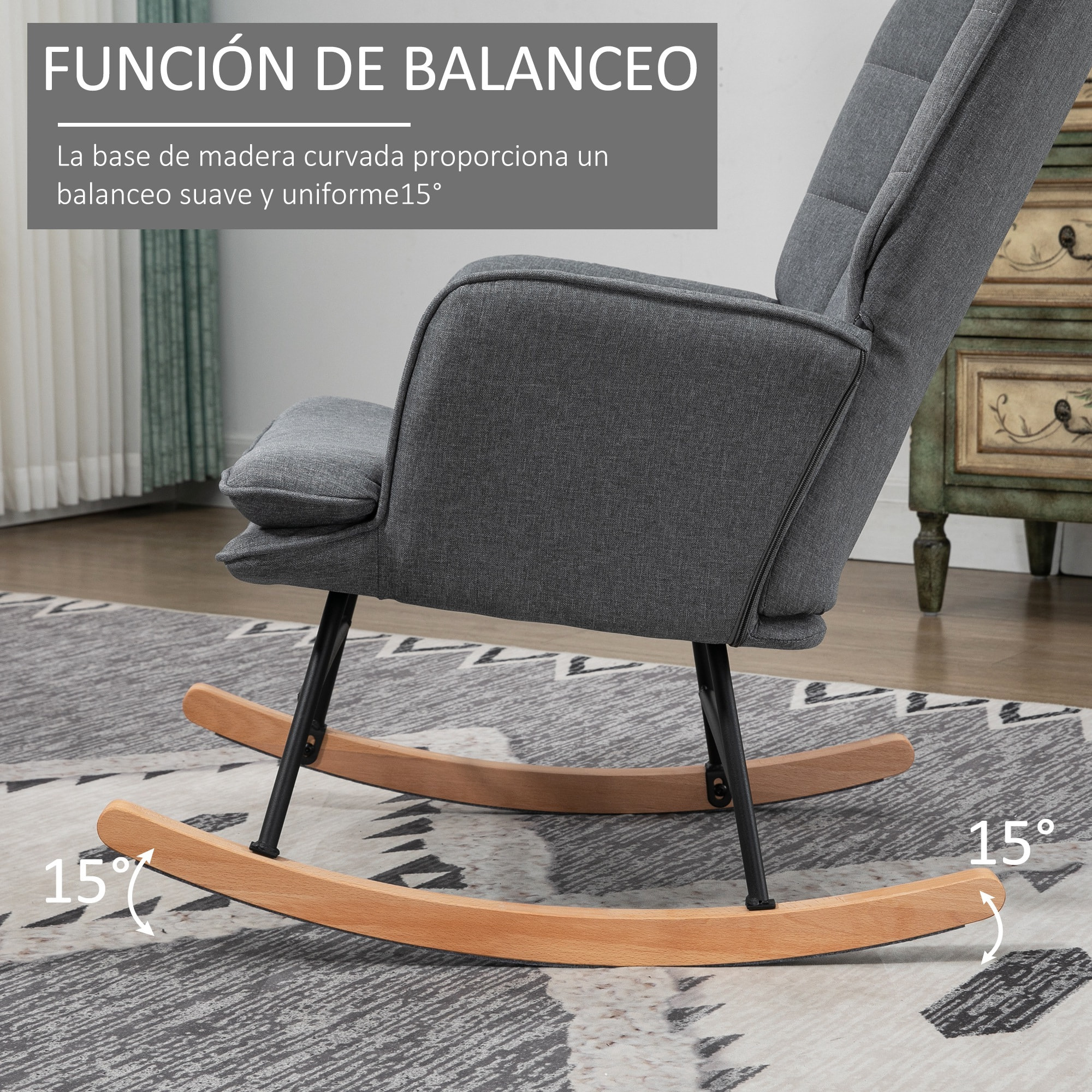 Silla Mecedora con Reposapiés Sillón de Relax Silla Ocio con Cojín Acolchado y Antivuelco Carga 130 kg para Salón Dormitorio Balcón 64x89x90 cm Gris