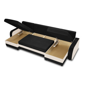 Valos - canapé panoramique en U - 7 places - convertible avec coffre - en velours - Noir / Blanc