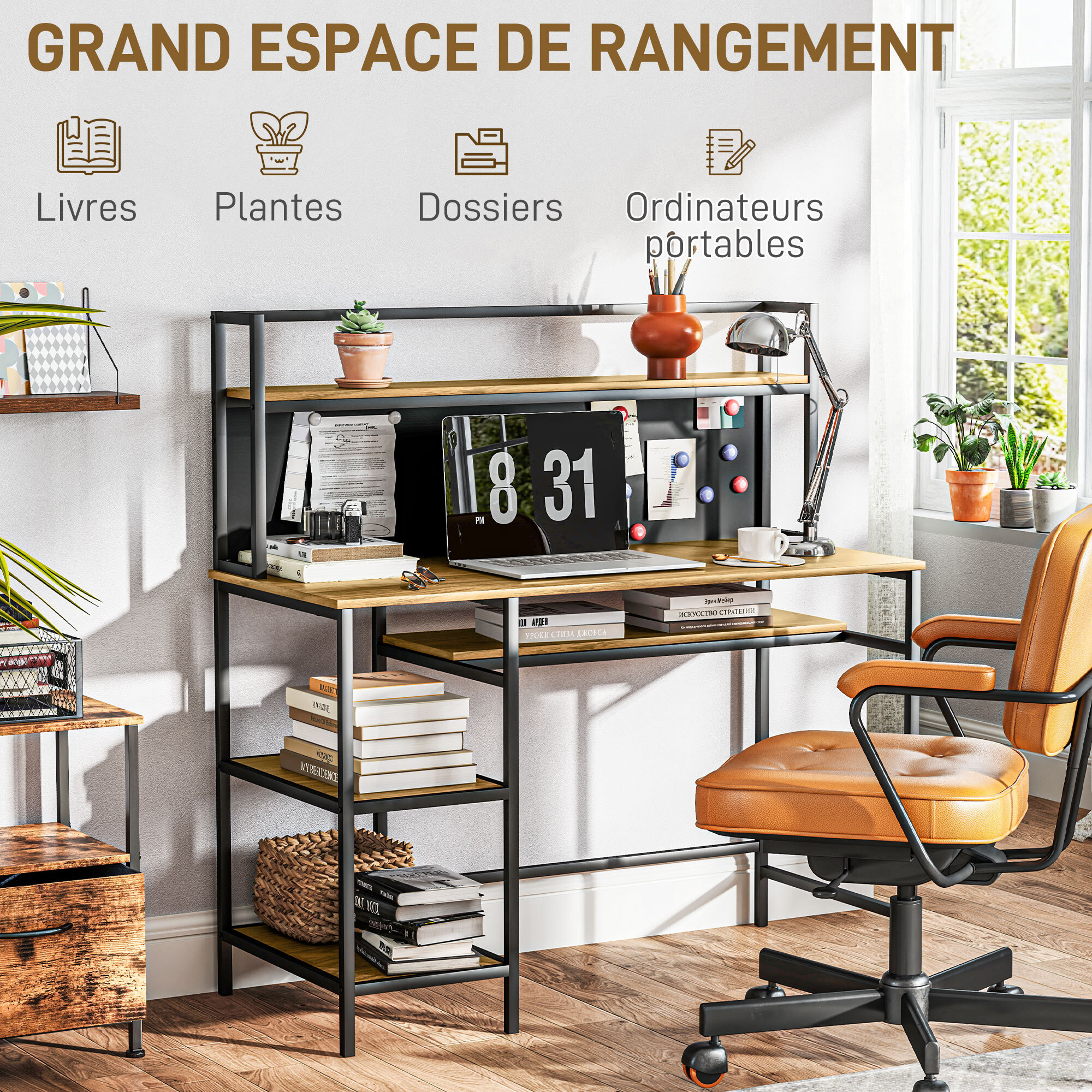 Bureau informatique design industriel 4 étagères grand plateau et panneau noir métal aspect bois