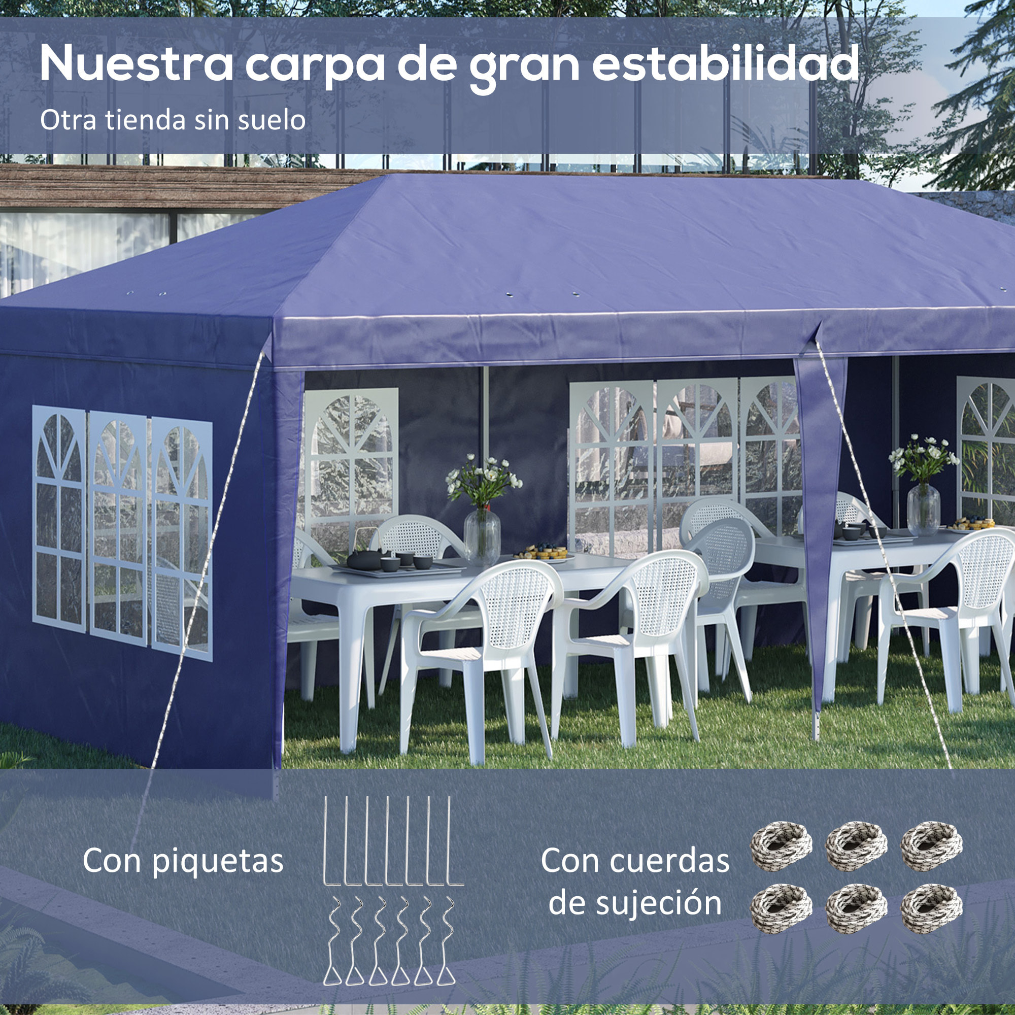 Carpa Plegable 6x3 m con 4 Laterales Desmontables Cenador de Jardín con 4 Ventanas Visibles y Bolsa de Transporte para Patio Terraza Azul