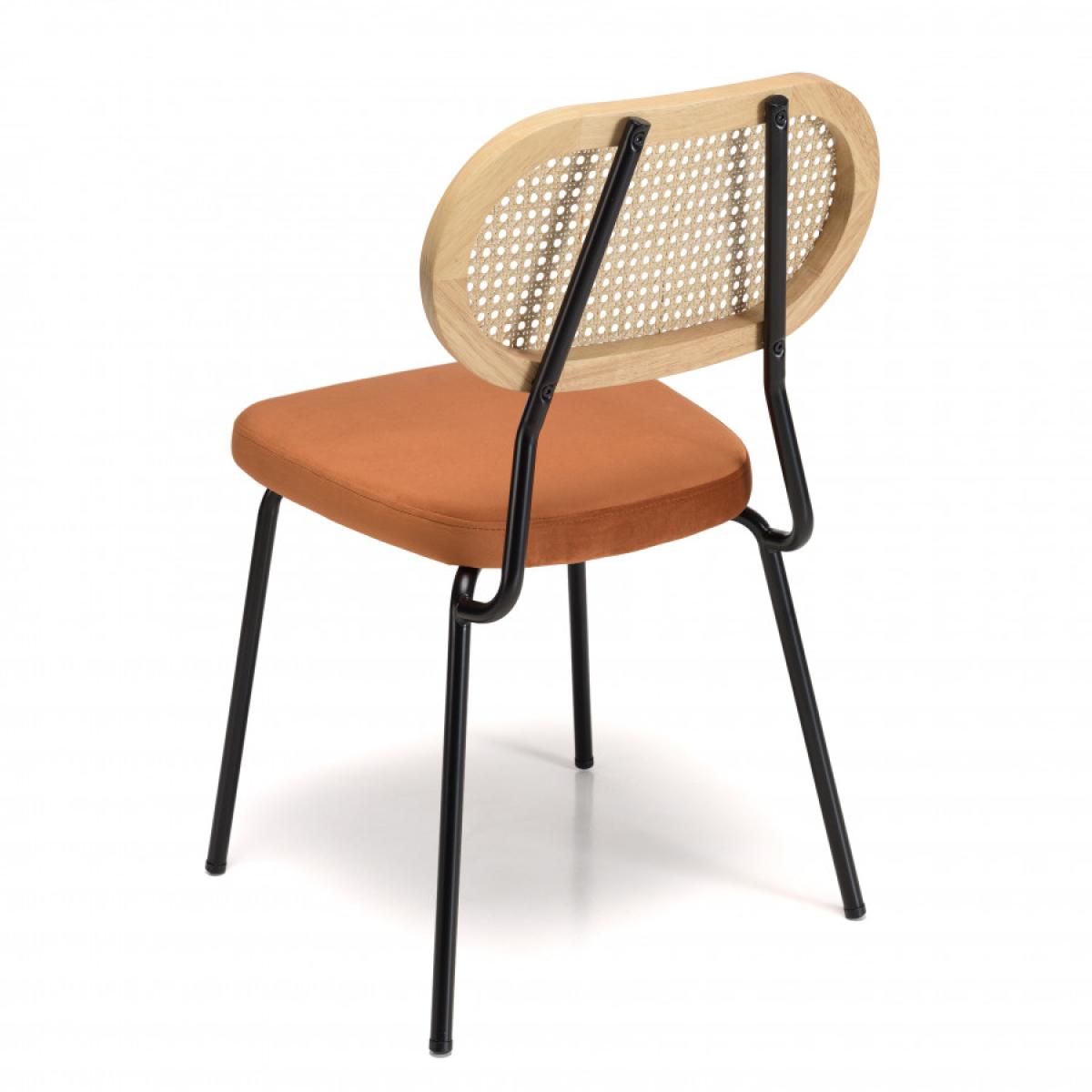 ALBANE - Lot de 2 chaises métal noir assise velours orange ambré dossier rotin