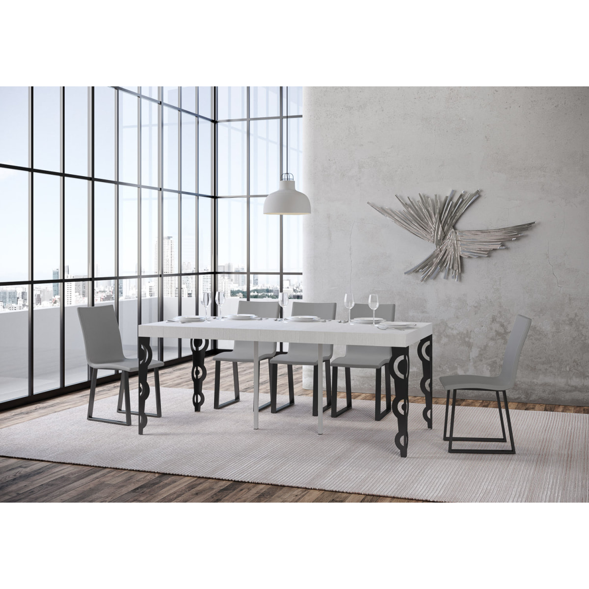 Consolle allungabile 90x40/300 cm Karamay Premium Bianco Frassino telaio Antracite