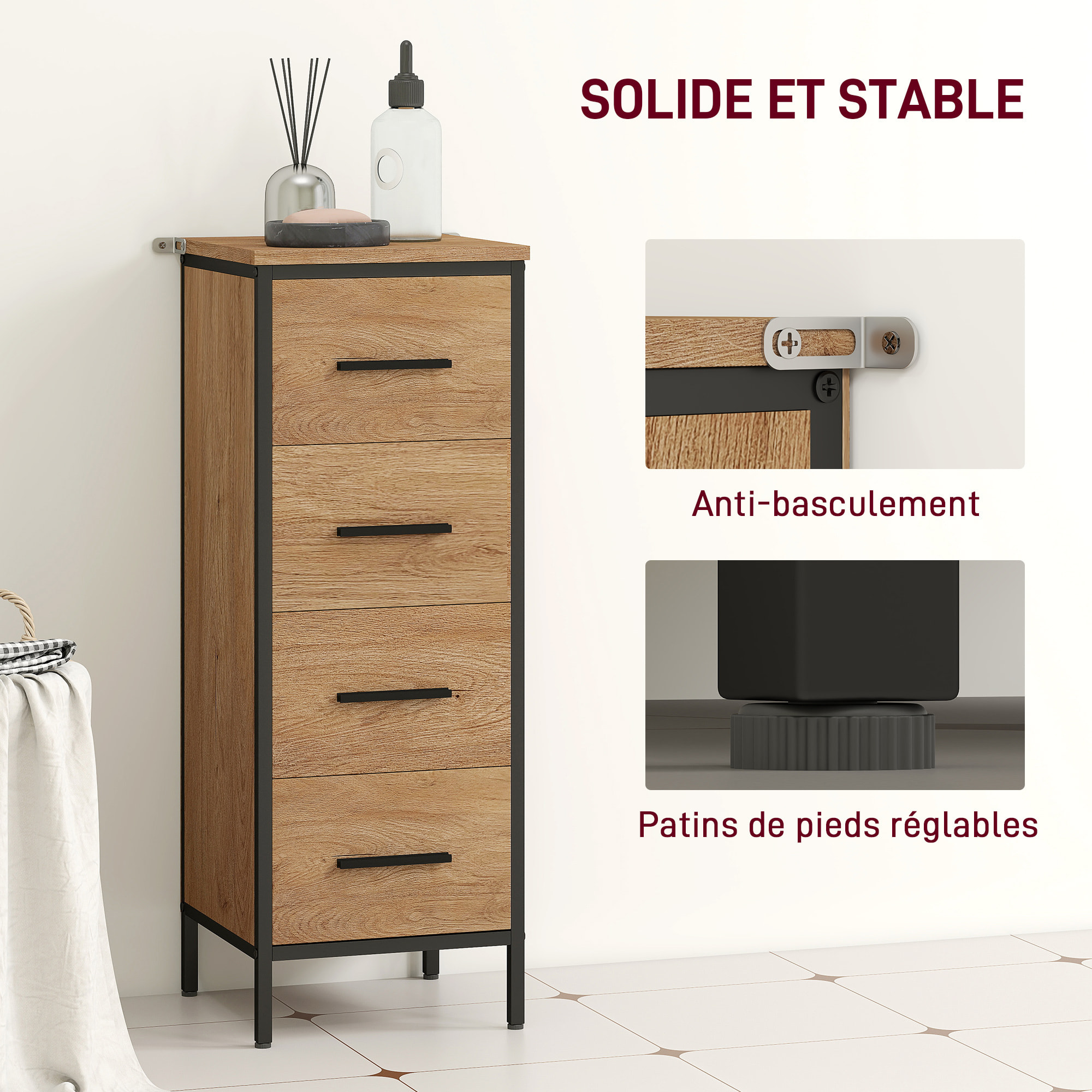 Chiffonnier industriel bois et métal 4 tiroirs dim. 30 x 30 x 82 cm