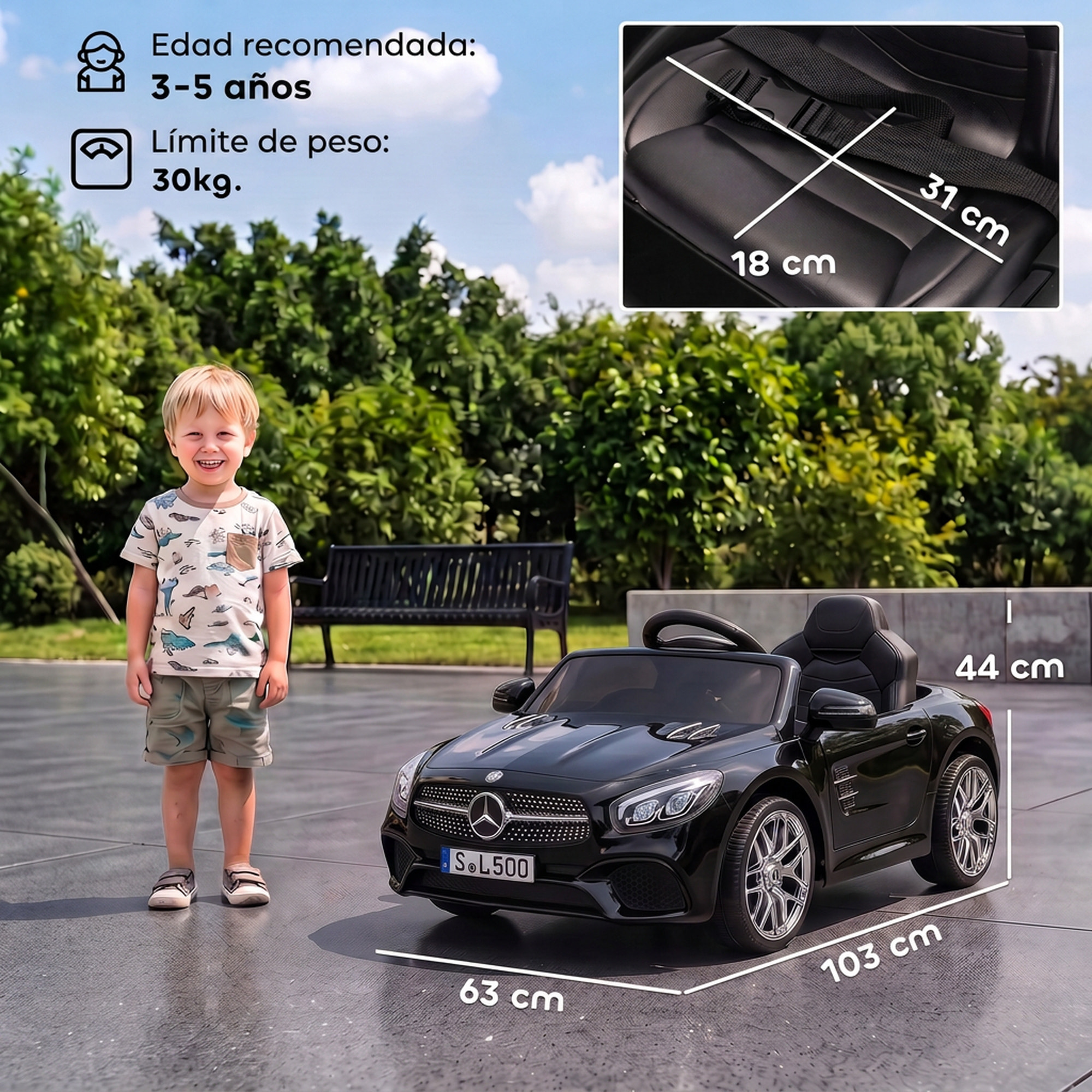 Coche Eléctrico para Niños Mercedes-Benz SL500 Coche de Batería Litio 12V con Mando a Distancia 2,4 G 2 Motores Suspensión Arranque Suave Luces Música Claxon Bluetooth 3-5 Años 3-5 km/h Negro