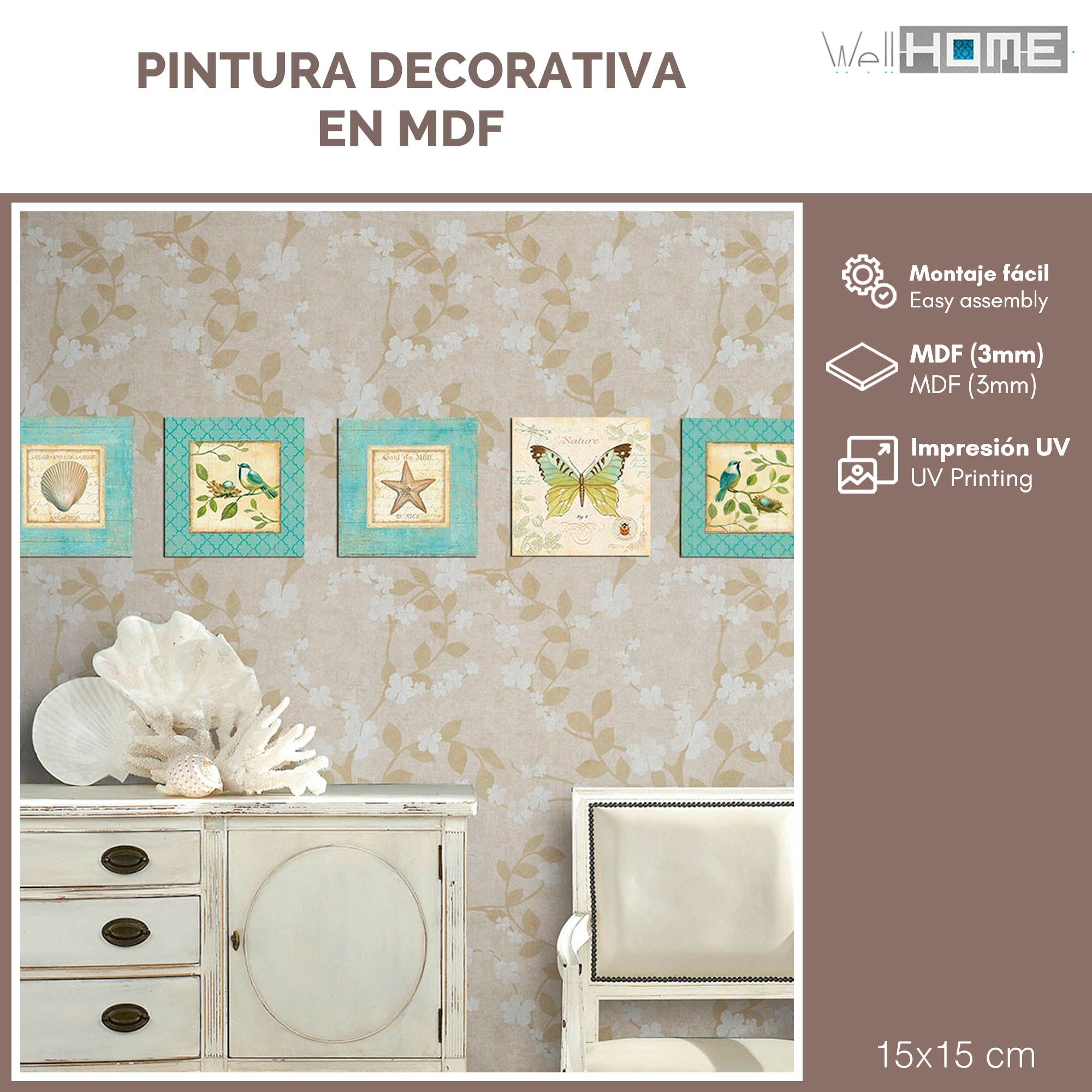 Pintura decorativa en MDF de 5 piezas. WELL HOME