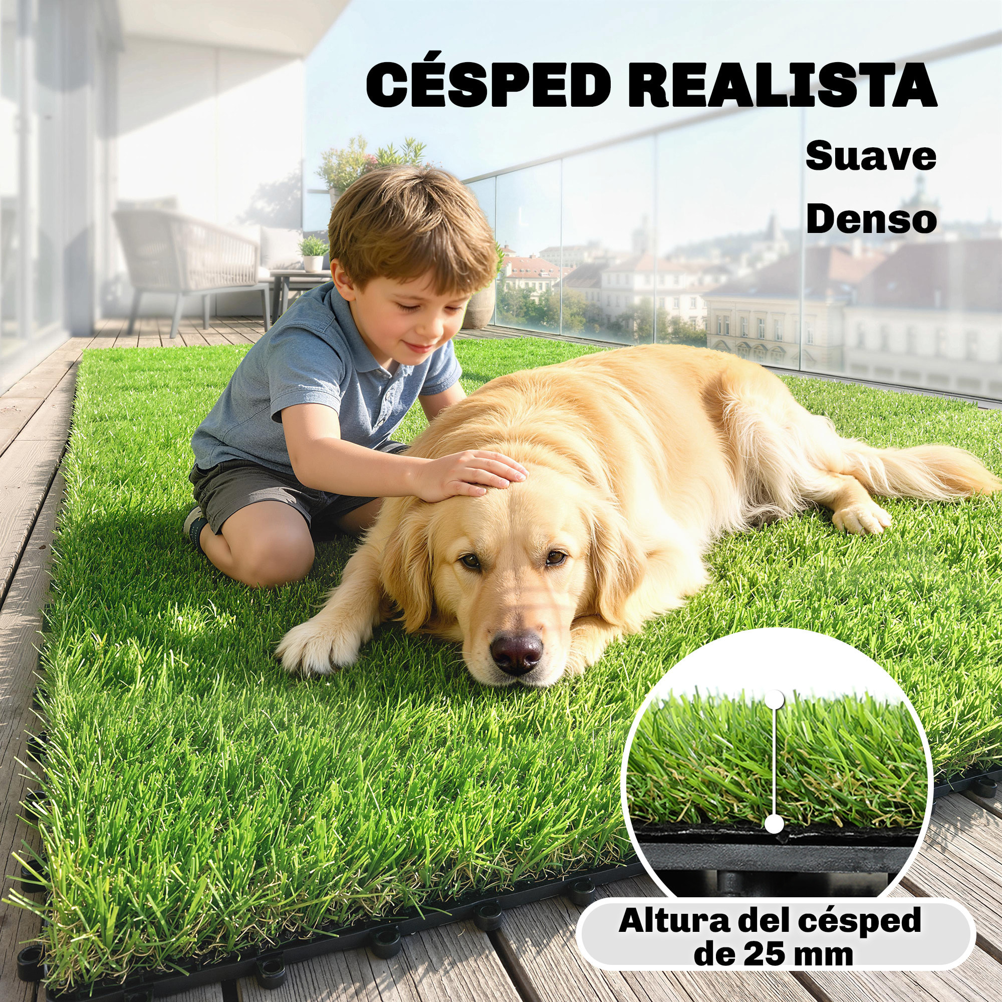 Césped Artificial de 22 Piezas, Alfombra Césped Artificial 30x30 cm, con Altura de Hierba 25 mm, Drenaje Automático, para Jardín, Terraza, Patio, Balcón, Verde