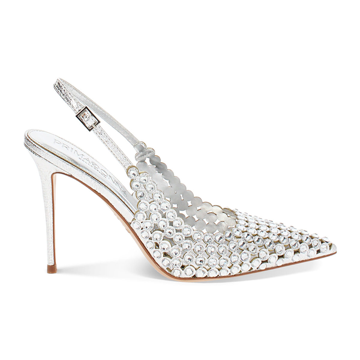 Décolleté slingback donna argento con pietre, tacco 10 cm